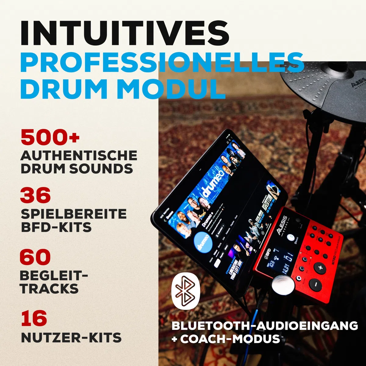 Alesis Nitro Pro Schlagzeug Elektronisch mit leisen Dual Zone Mesh Pads, 500+ authentischen BFD-Sounds, Bluetooth, Drumeo, USB-MIDI, Double Kick kompatibel