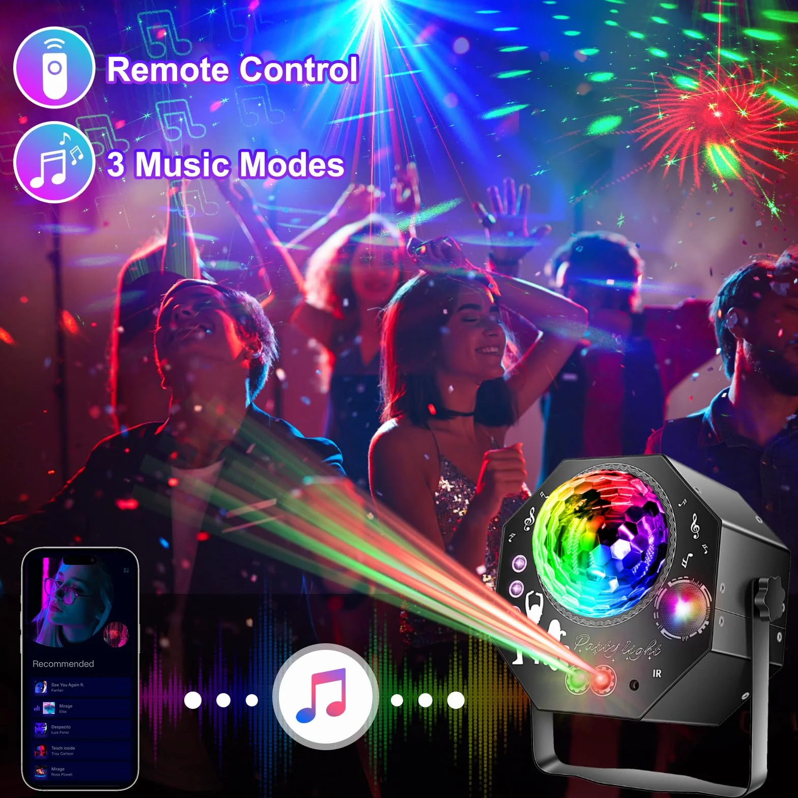 4-in-1 Discokugel mit Motor und Licht, Discolicht Partylicht 64 Muster, Musikgesteuert Disco Party Lampe mit Fernbedienung, RGB UV Stroboskop für Wohnungen Räume Bar Klub Outdoor Geburtstag Party
