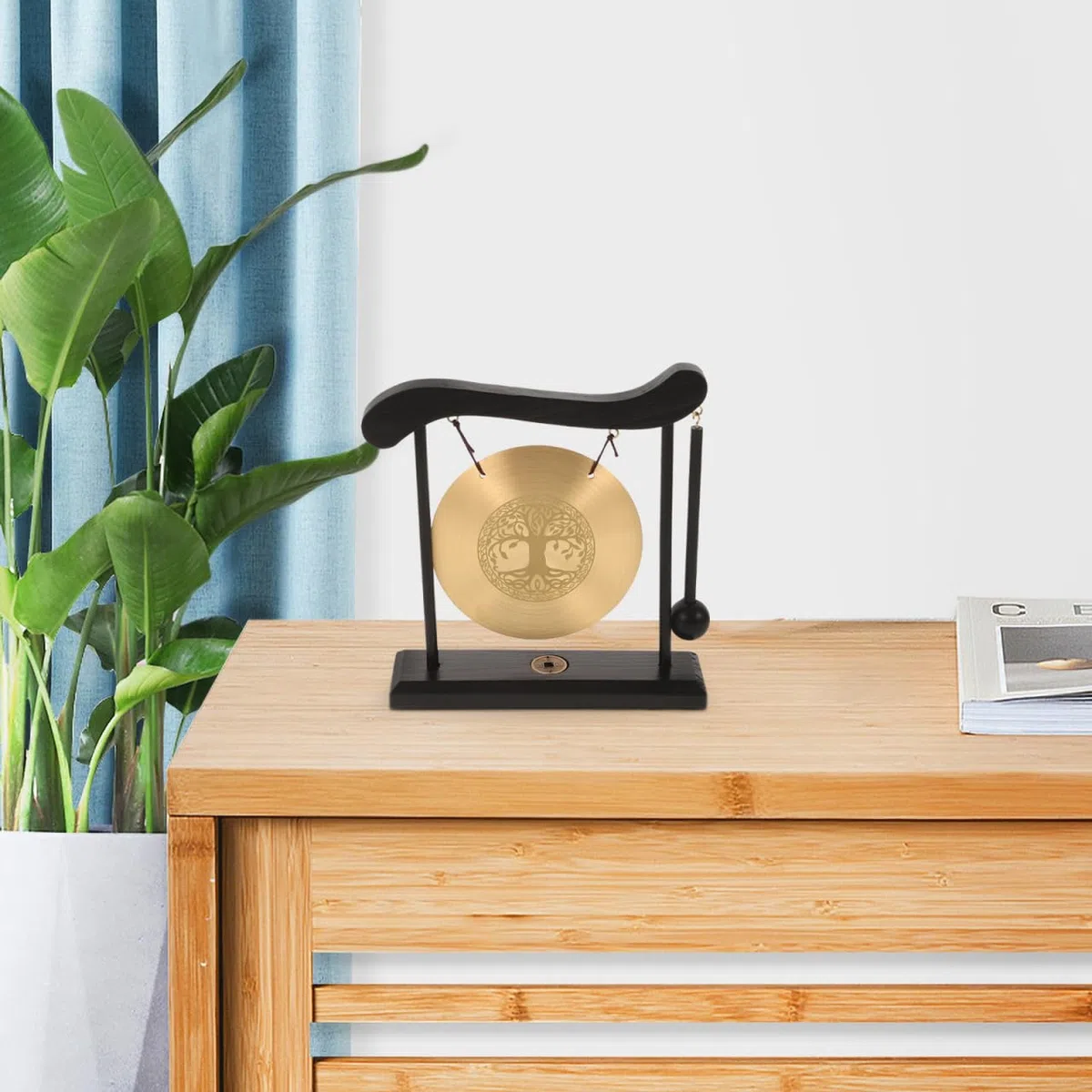 Zerodeko Kleiner Tischgong Lebensbaum aus Metall und Holz Gong Handwerkskunst Tischdekoration für Zuhause und Büro Gong Ornament mit Ständer