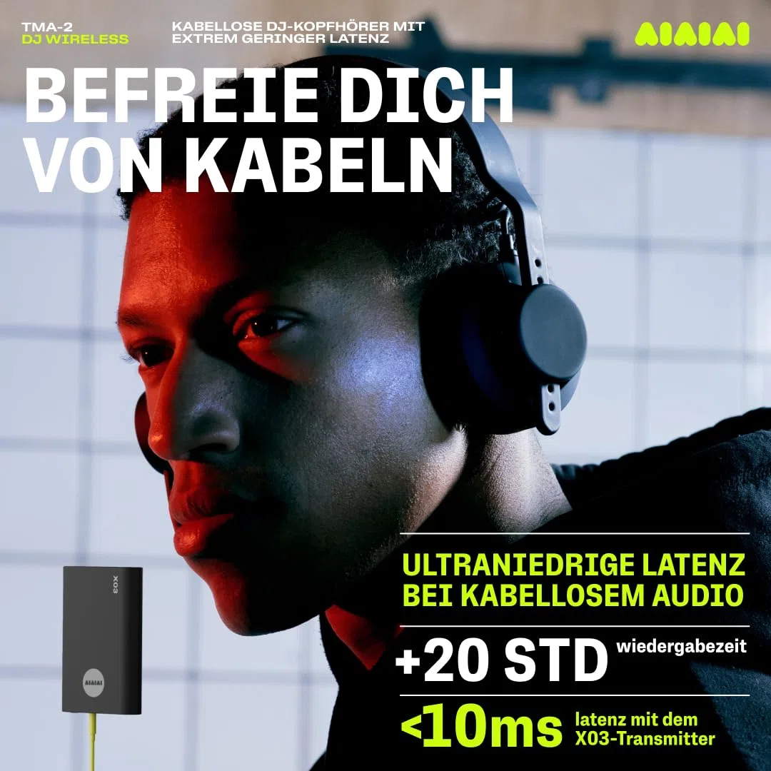 AIAIAI TMA-2 DJ Wireless – Kabellose DJ-Kopfhörer mit ultraniedriger Latenz, 20+ Std. Wiedergabe, robustem leichtem Design, hoher Geräuschisolierung, Memory-Foam-Polstern & Bluetooth.