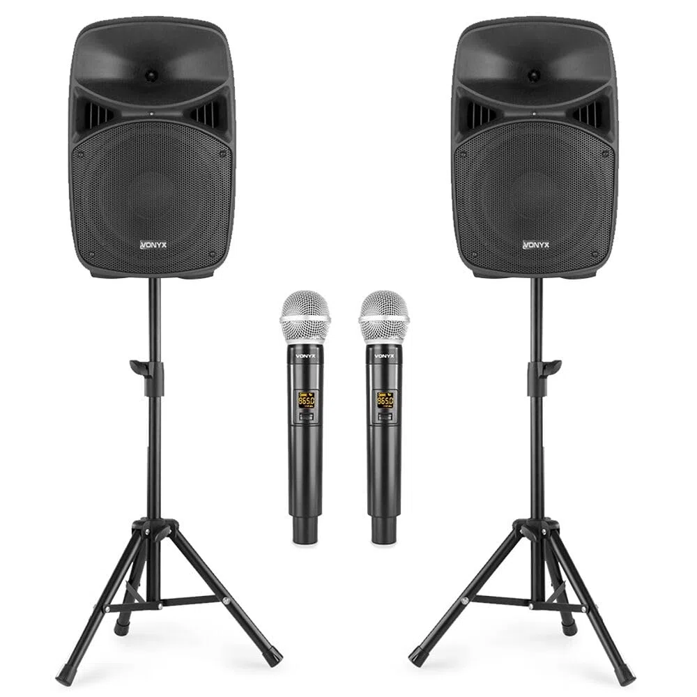 VONYX VPS152A, Aktivlautsprecher Bluetooth, PA Lautsprecher Boxen Aktiv 1000 Watt, Ständer, 2X Kabelloses Mikrofon, PA Anlage Komplettset, 15 Zoll, USB, MP3, DJ Boxen, DJ Set Komplett, Partybox