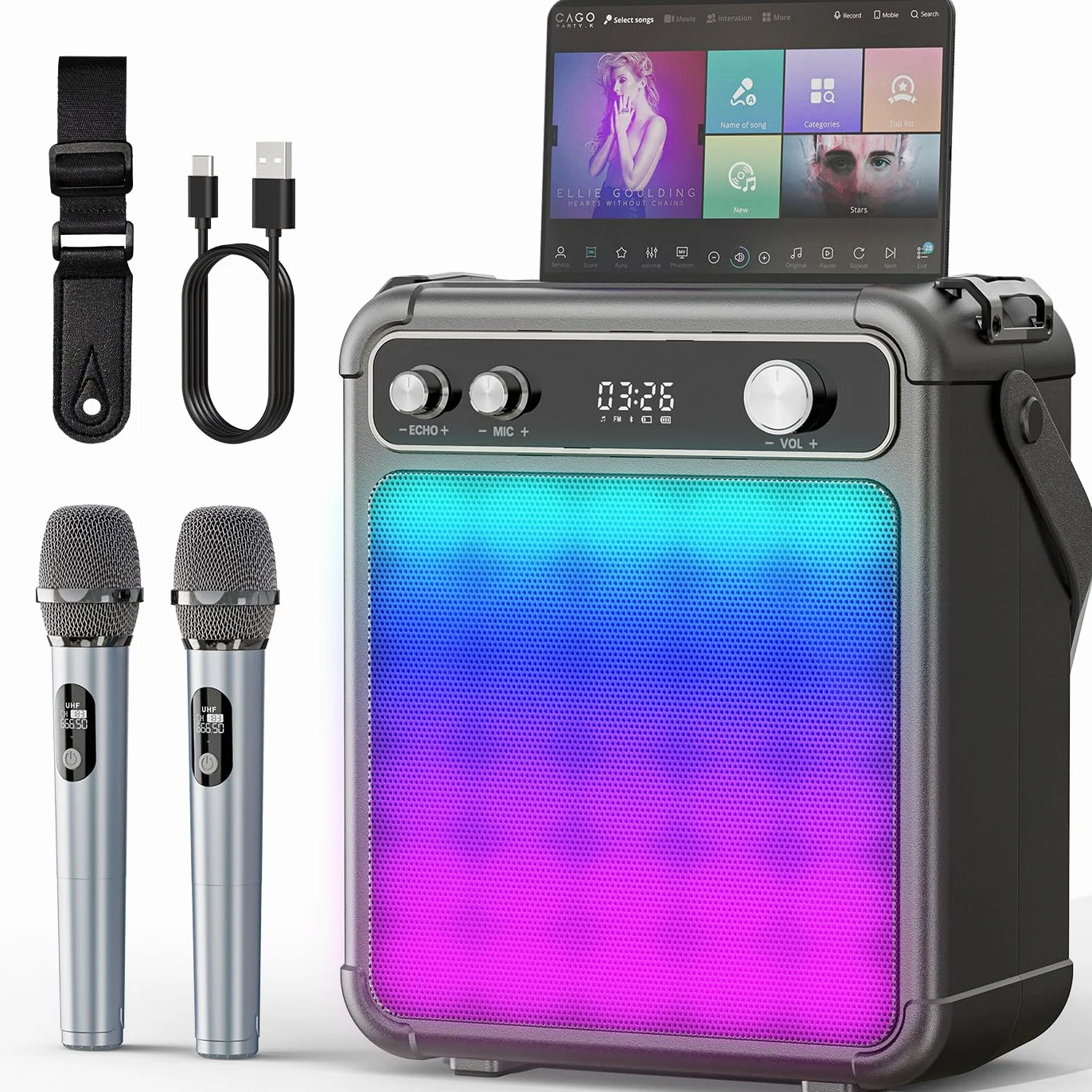 Karaoke Maschine mit 2 Mikrofonen, tragbarer Bluetooth Karaoke System mit LED Lichtern, Stereo TWS, unterstützt USB/TF/AUX, ideal für Home Partys und als Geschenk für Erwachsene und Kinder