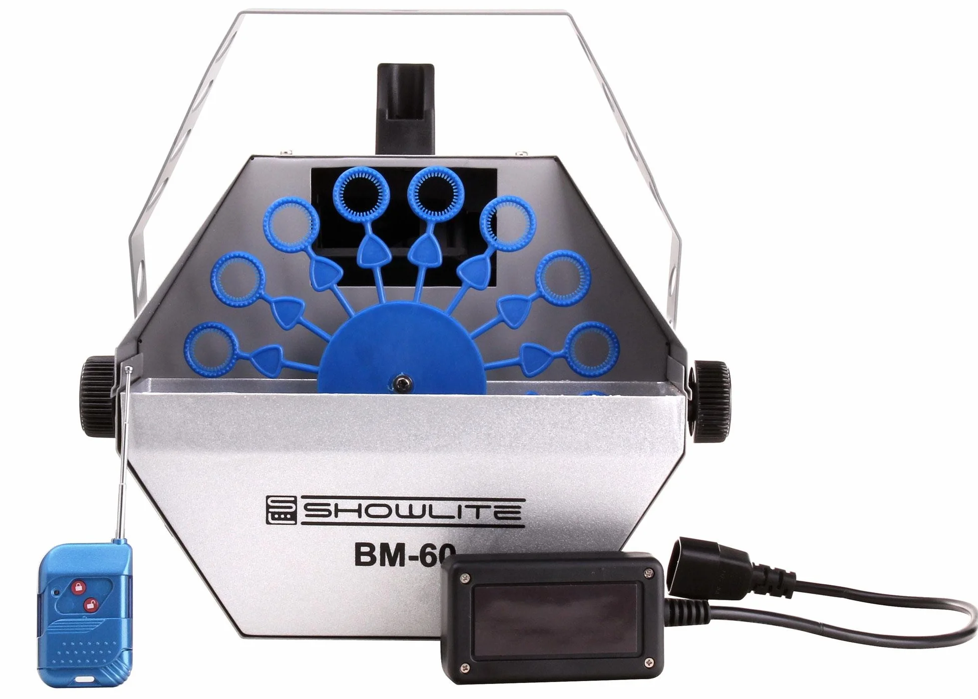 Showlite BM-60 Seifenblasenmaschine 60W mit Funk Fernbedienung und 1L Eurolite UV-Fluid gelb (0,6l Tank, 2-3 Stunden Laufzeit bei vollem Tank, Party Effekt, Disco Bubbles)
