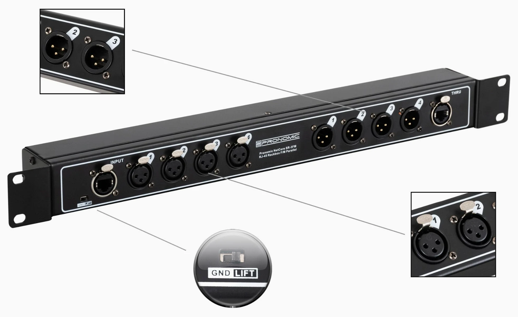 Pronomic NetCore SR-3FM Multicore-Rackbox F/M Parallel - Rackeinheit mit 4 XLR-Buchsen (female), 4 XLR-Buchsen (male) und 2x RJ45 Buchse - zur Übertragung analoger oder digitaler Signale