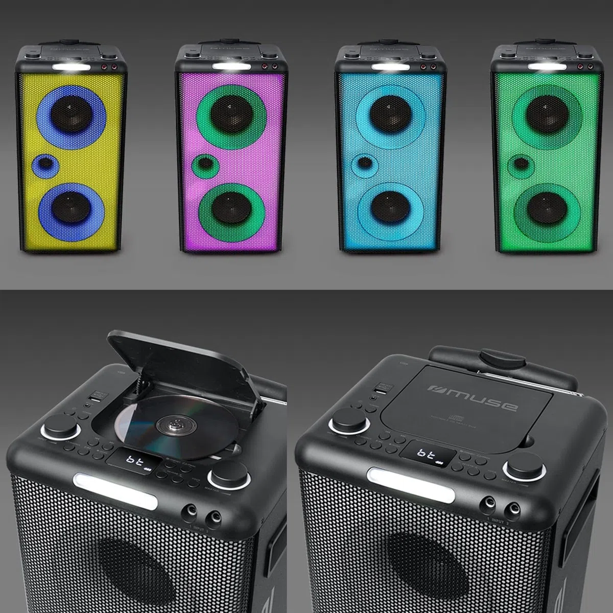 MUSE M-1928 DJ Trolley-Soundanlage, Komplett Beleuchtet mit Display, CD-Player und Radio, Akkubetrieben, mit Party-Licht-Effekten, Mobile Musikbox, Bluetooth Lautsprecher mit Mikrofon