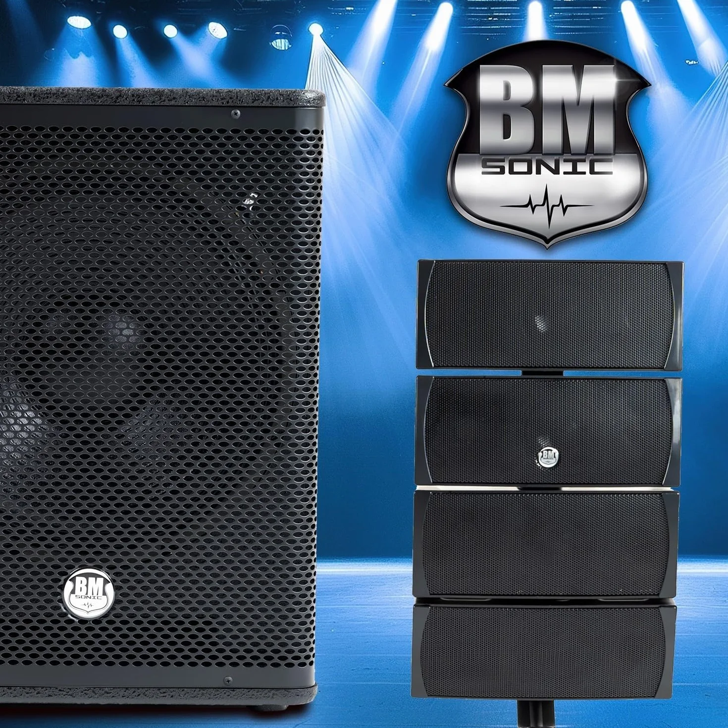 Sono DJ 1200 W BM Bmsonic 2 Satellitenlautsprecher enorme SUB 38 cm USB/Bluetooth, 2 Mikrofone, Animation, Hochzeit, Taufe, Abend