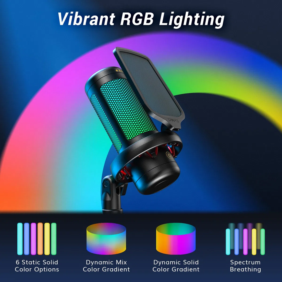 TONOR Gaming Mikrofon PC, USB Microphone für Computer PS4/5, Kondensatormikro mit RGB-Modi & Helligkeit einstellbar, Stummschaltung, Mic für Streaming, Mikrofonarm, Schwarz, TC310+