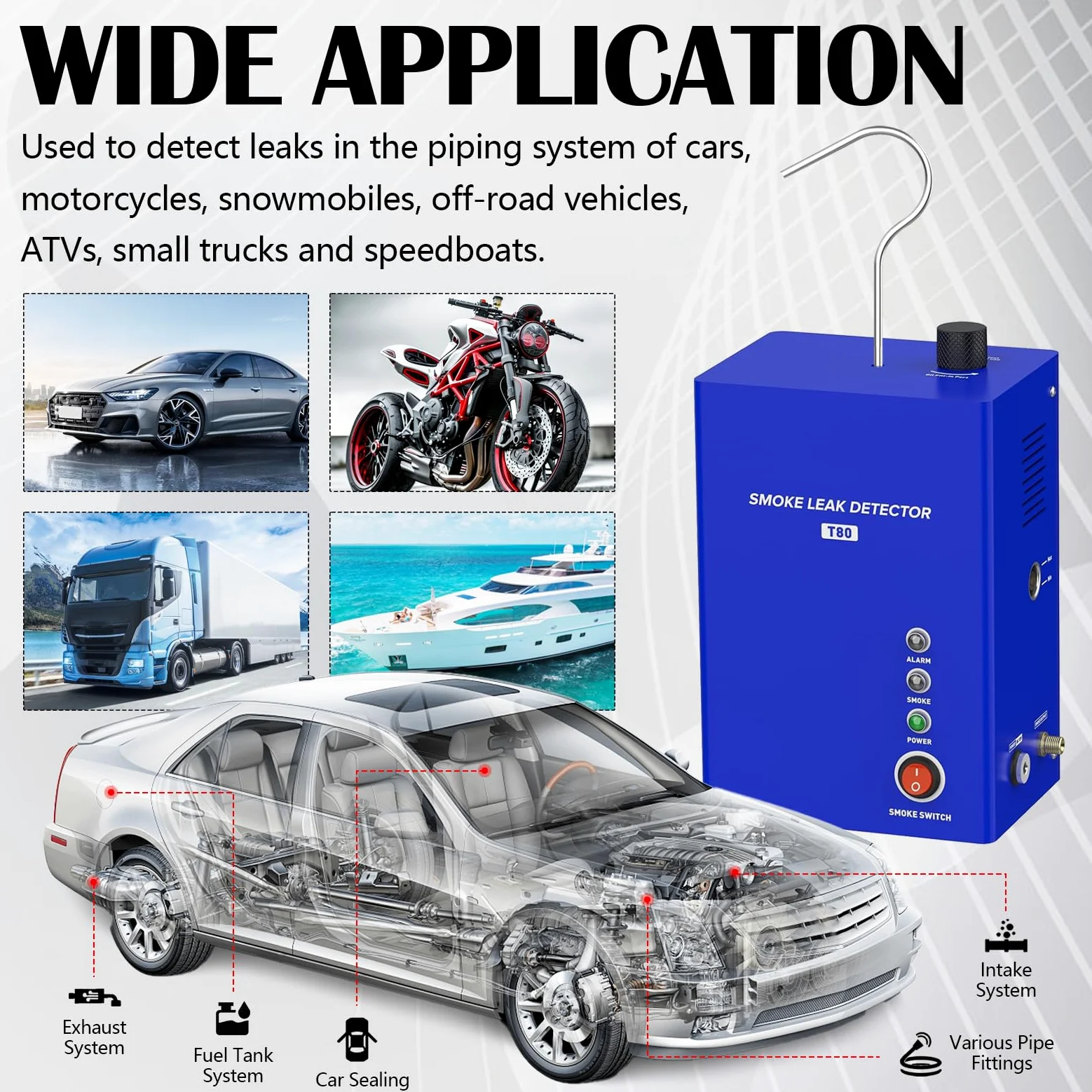 12V Rauchmaschine Lecksuchgerät EVAP Leck Detektor Set, Dichtheitsprüfung für Auto, Motorrad, LKW & Boot, mit Stromklemmen, Adapter & Rauchleitung (T80)