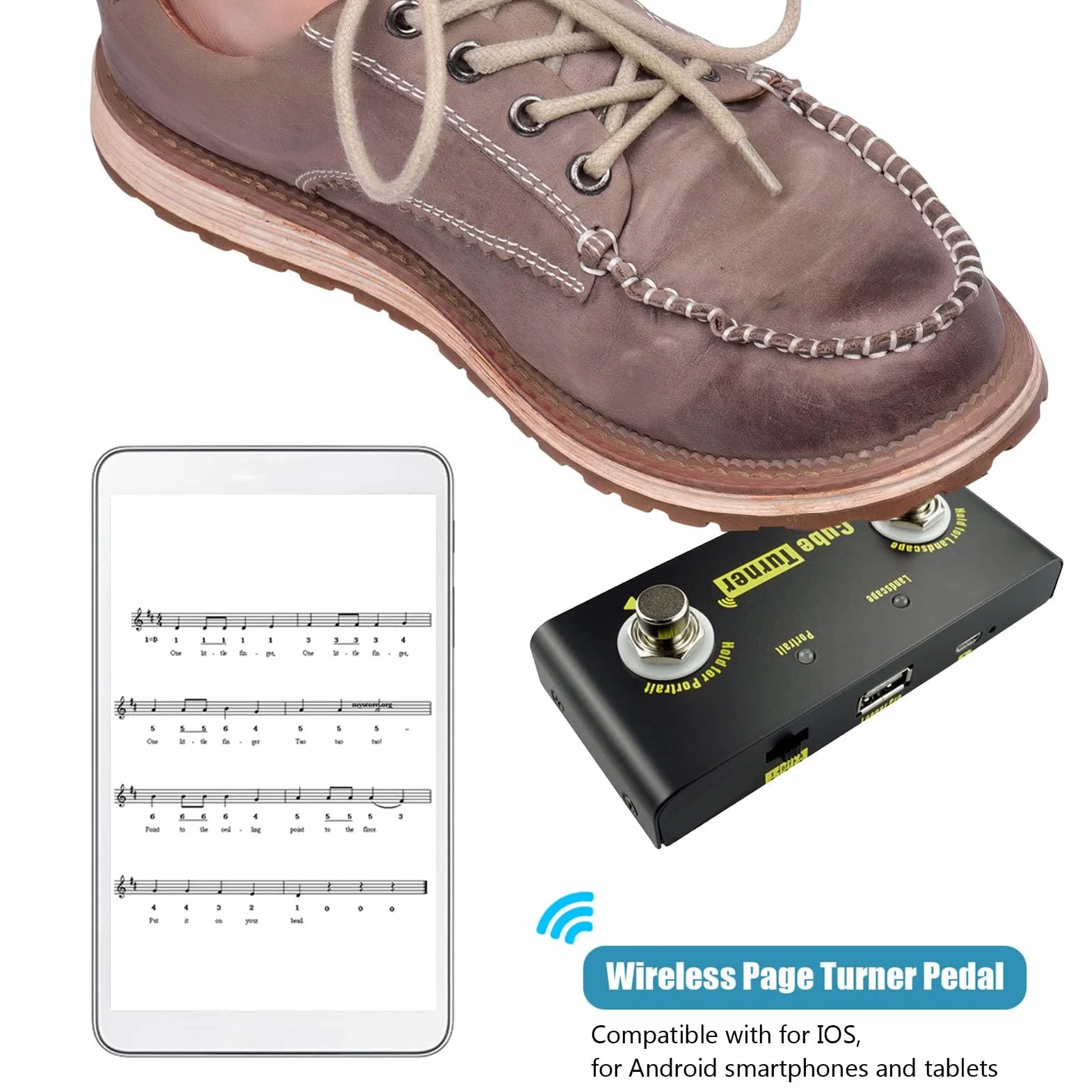 Page Turner Pedal Drahtlos 10m Reichweite Wiederaufladbar Musiknoten Fußpedal Kompatibel mit Tablets für Musiker Präsentatoren Gitarristen Robustes Metallgehäuse Tragbar für Probe