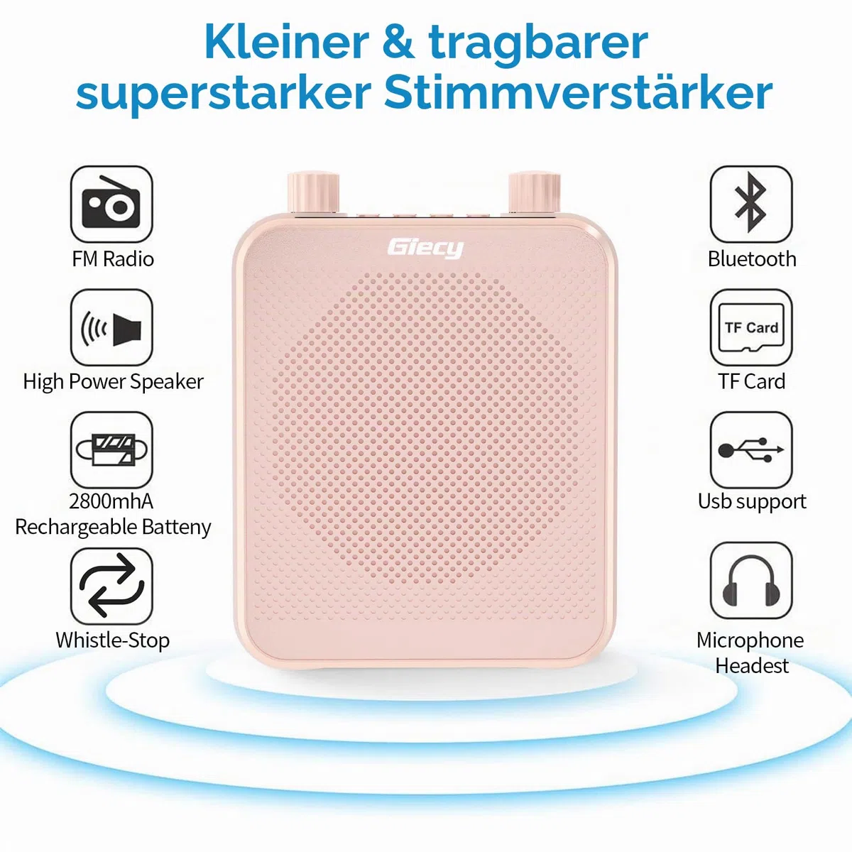 Sprachverstärker tragbar mit 7.4V/2800mAh Lithium Batterie und mikrofon Headset,Wiederaufladbares Mini Stimmverstärker für Trainer Lehrer Reiseführer Tagungen (Roségold)