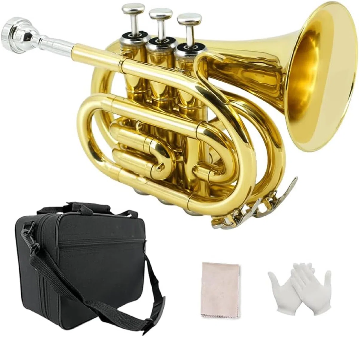 Bb Standard Pocket Trompeten für lackierte Kupfertrompete mit 7 C Mundstück, Hartschalenkoffer Taschentrompete Messing Trompete im Taschenformat