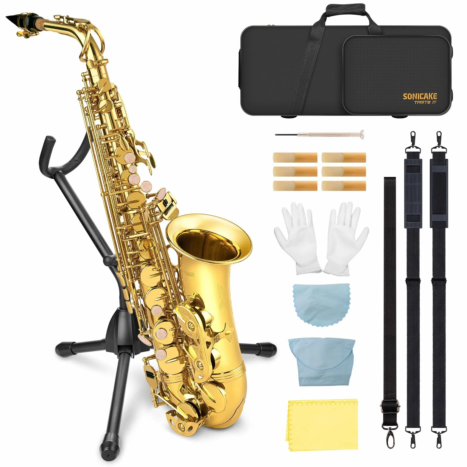 SONICAKE Eb Altsaxophon Goldlack, komplettes Saxophon-Set für Anfänger mit Koffer, Mundstück, Blättern, Ständer & Zubehör QSX-01