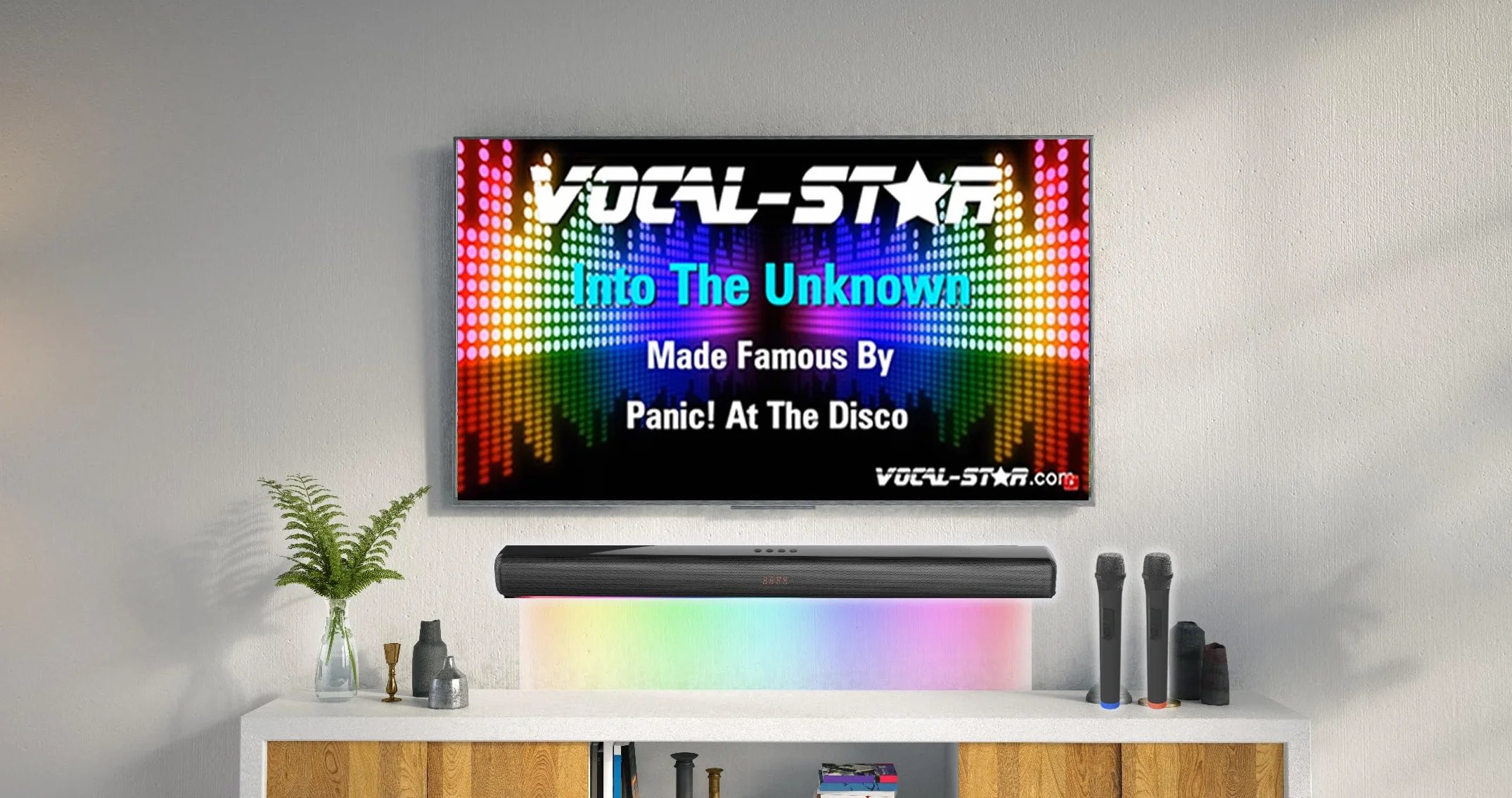 Vocal-Star Karaoke Maschine, Soundbar, 250w, 2 kabellose UHF Mikrofone, Wandhalterung, 9 RGBW Lichteffekte, Fernbedienung, HDMI ARC, BT, AUX, Optisch