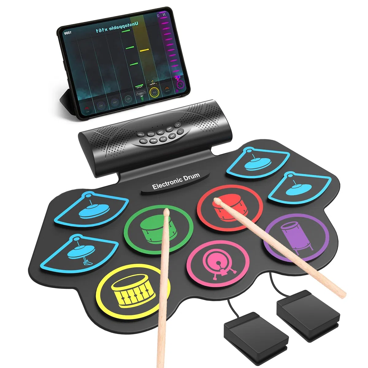 Schlagzeug Elektronisch, 9 Pads Faltbares Elektronisches Schlagzeug mit Drumsticks, Tragrbares Elektrische Drum Set mit Bluetooth für Kinder, Anfänger Geburtstag und Geschenk