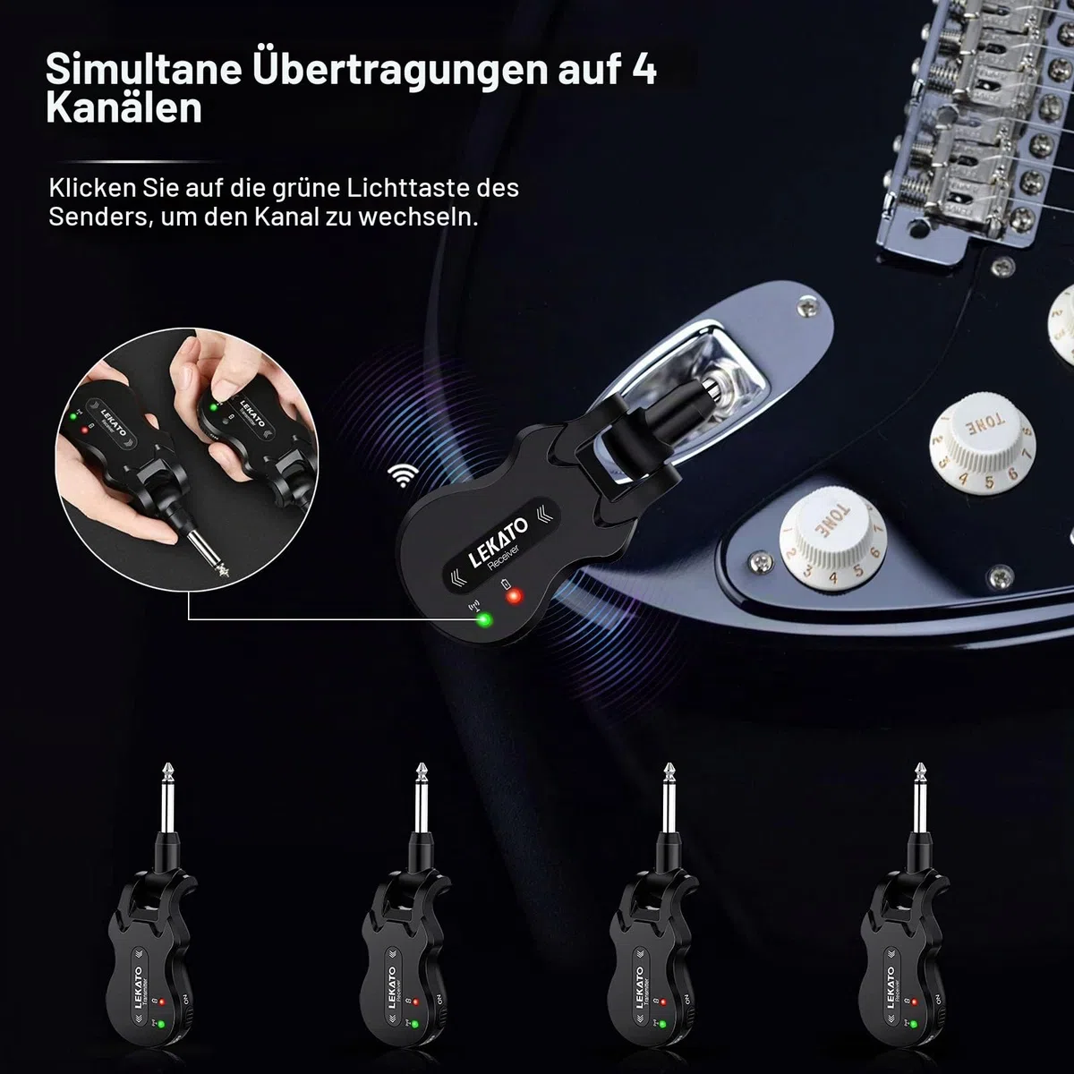 LEKATO 5,8 GHz Drahtloses Gitarrensystem Drahtloses Gitarrensystem Wiederaufladbares digitales Gitarrenkabel mit starker Anti-Interferenz-Fähigkeit für Bassgitarren