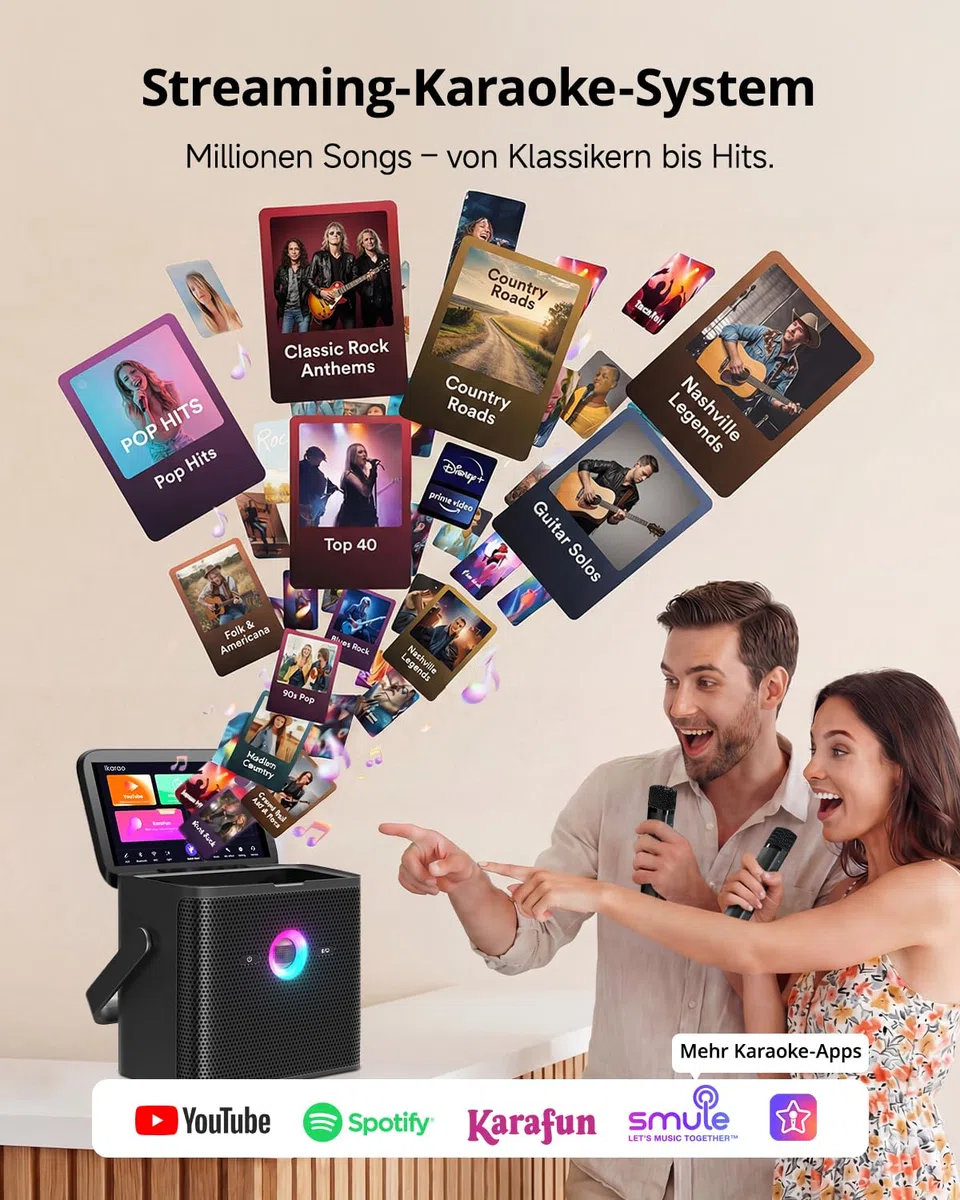 Ikarao Karaoke-Maschine für Erwachsene Kinder, mit Songtext-Display, WiFi-Verbindung zu YouTube & Karaoke-App, 2 EQ Autotune drahtlose Mikrofone, tragbares PA-System für Zuhause, Familie, Party