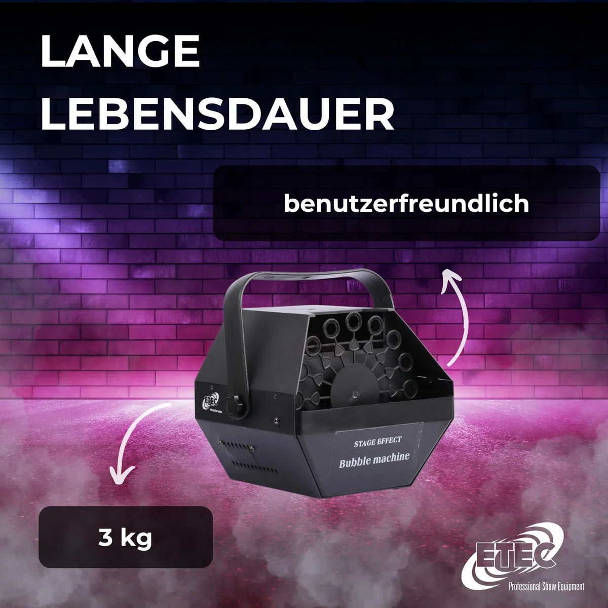 ETEC Professional Seifenblasenmaschine Bubble E500 – Seifenblasen Effekt für Geburtstag, Überraschung, DJ Event, Bühne, Auftritt, Veranstaltung
