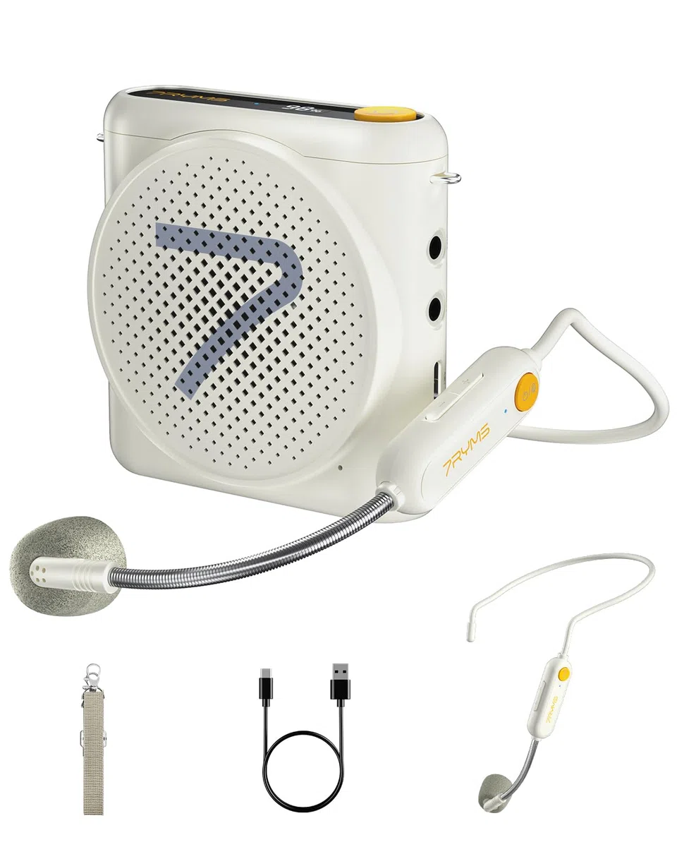 7RYMS WA1 Sprachverstärker mit kabellosem Headset-Mikrofon für Lehrer, tragbarer Lautsprecher, Megafon mit Geräuschunterdrückung, 50 m Reichweite, 23 Stunden Betrieb, Mikrofon-Lautsprecher für