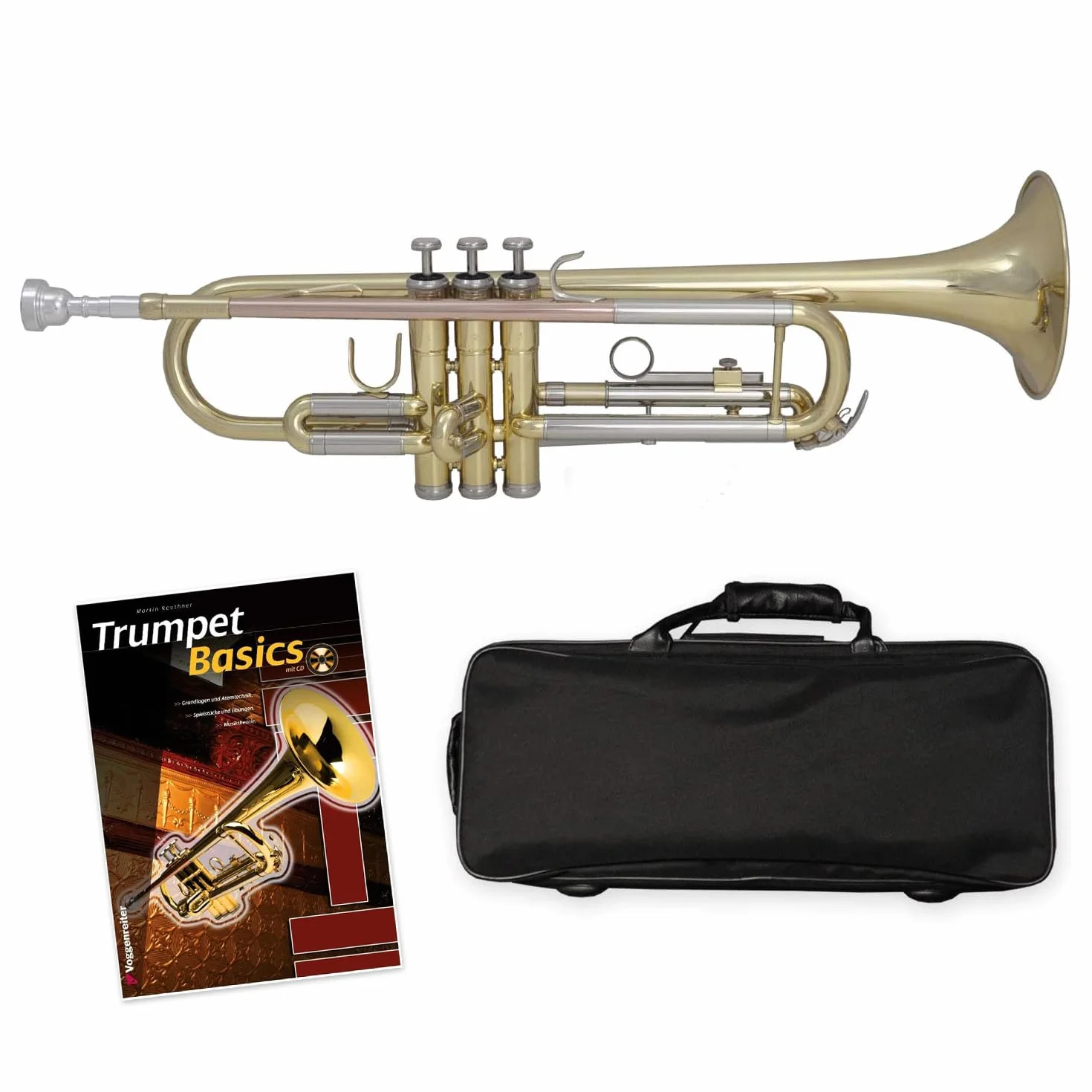 TTR-171 B-Trompete aus Messing - komplett mit Mundstück, Koffer, Zubehör + Trompetenlehrgang "Trumpet Basics"