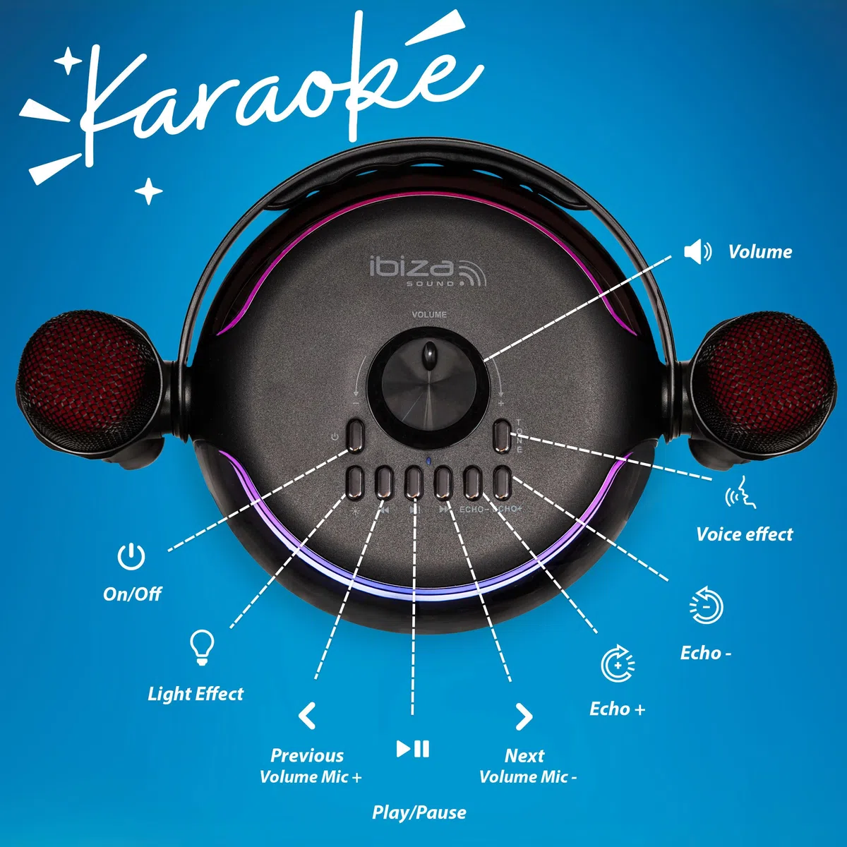 Ibiza - KARAHOME-BK - Batteriebetriebenes leichtes Karaoke-Lautsprechersystem mit Zwei drahtlosen Mikrofonen (batteriebetrieben) - Bluetooth, USB, MicroSD, USB, AUX und Coax - Schwarz
