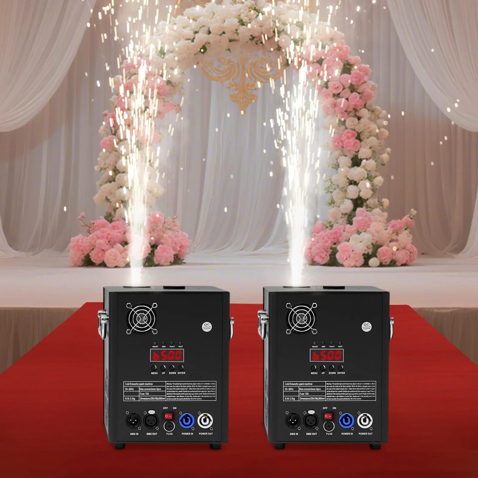 Pyrotechnikmaschinen,DMX Sparkular Funkenmaschine Feuerwerk Bühnen Fernbedienung Professionelle DJ-Ausrüstung mit LCD-Display,Injektionshöhe bis 3m 220V 750W mit Flightcase