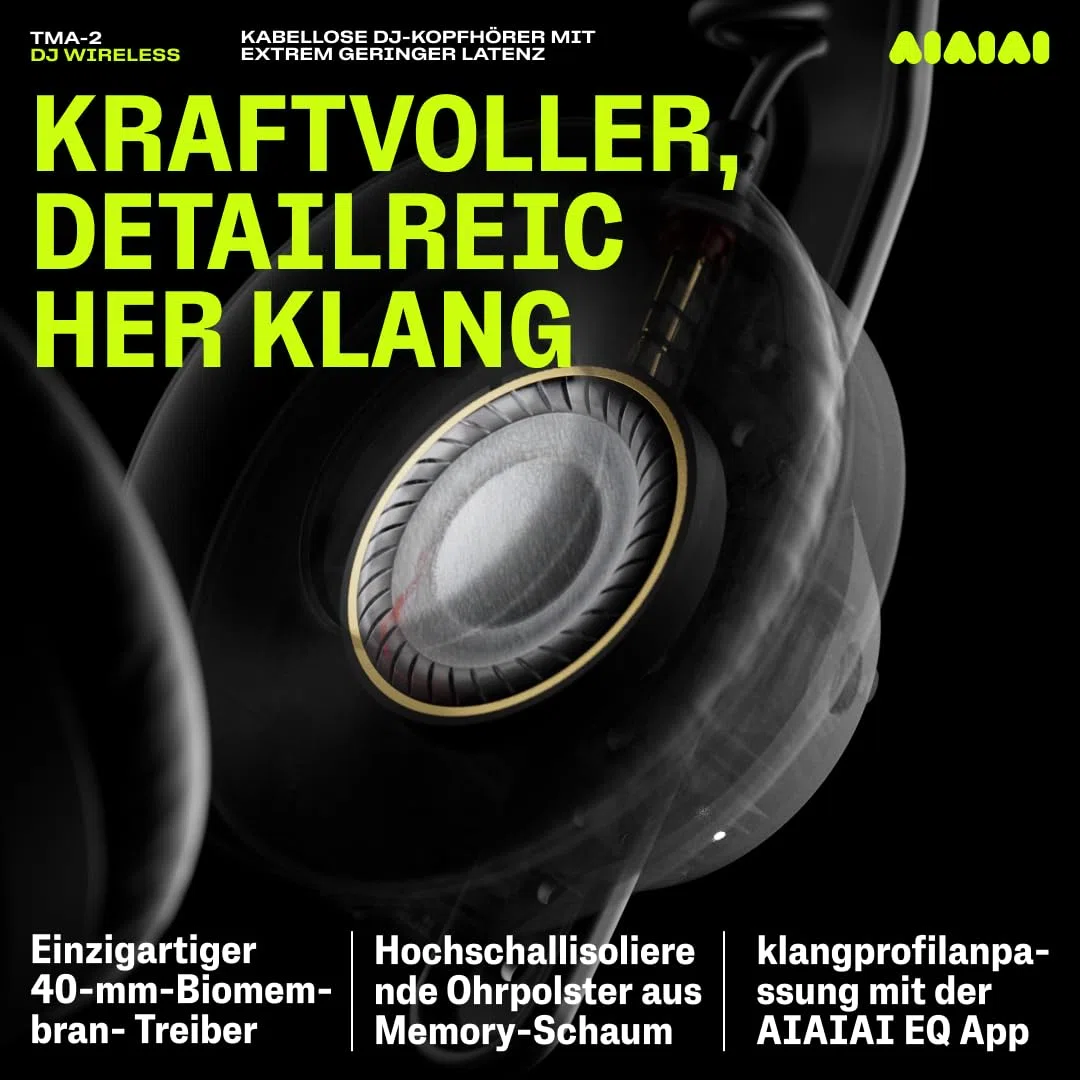 AIAIAI TMA-2 DJ Wireless – Kabellose DJ-Kopfhörer mit ultraniedriger Latenz, 20+ Std. Wiedergabe, robustem leichtem Design, hoher Geräuschisolierung, Memory-Foam-Polstern & Bluetooth.