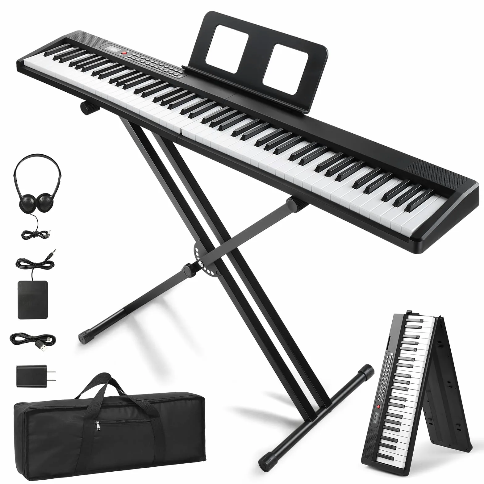 Bonnlo E Piano 88 Tasten, Faltbares Digitalpiano mit Halbgewichteter Keyboard, X-Ständer, Audio- & MIDI-Bluetooth, Sustain-Pedal-System, Kopfhörer – für Anfänger & Fortgeschrittene, Schwarz