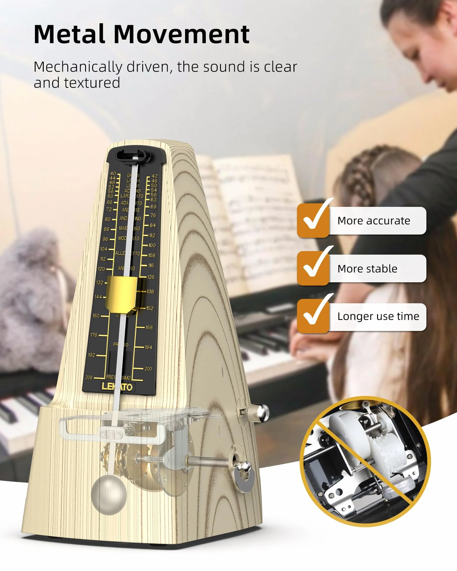 LEKATO Mechanisches Metronom | Verbesserte Version mit metallenes Getriebe | Universales Metronom mit betonter Glocke für Klavier Gitarre Ukulele Violine und Chromatik - lauter Klang, hohe Genauigkeit