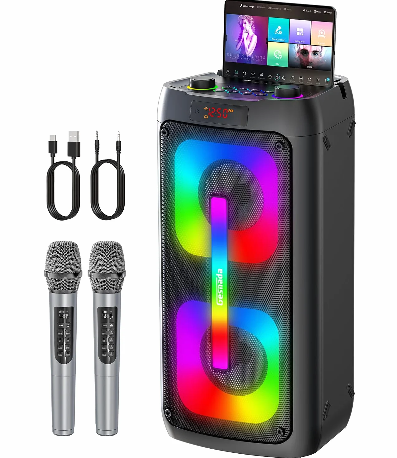 Karaoke Maschine mit 2 Mikrofonen, tragbare Bluetooth Karaoke Anlage mit LED Lichtern, PA System, ideal für Home Partys und als Geschenk für Erwachsene und Kinder