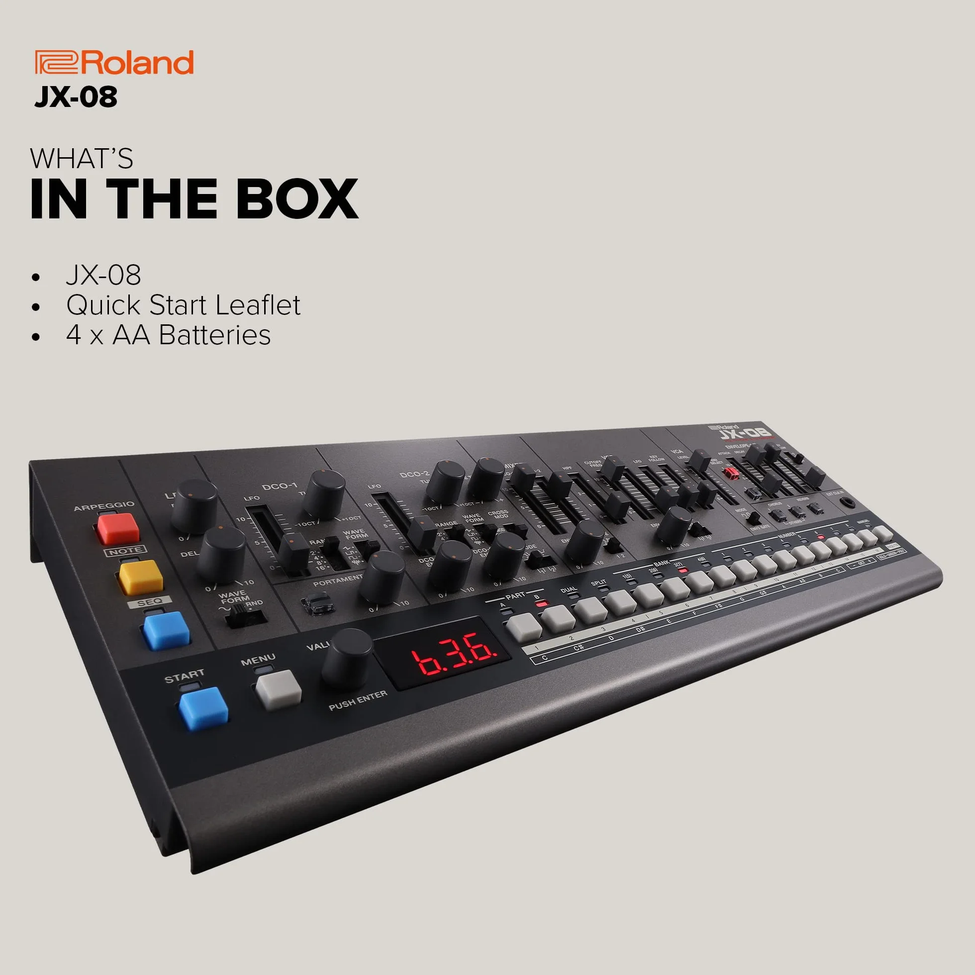 Roland JX-08 Soundmodul Boutique-Synthesizer – Kompakte, moderne Nachbildung des legendären Roland JX-8P von 1985 mit neuen Effekten, polyphonem Sequencer und mehr – Leicht, mobil