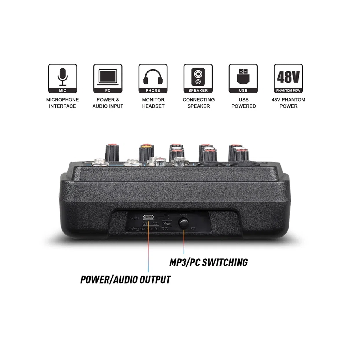 Audiomixer, M-4/6 Proteable Mini Mixer Audio DJ Konsole mit Soundkarte, USB, 48 V Phantomkraft for PC Aufnahme der Gesangs -Webcast -Party(M6)