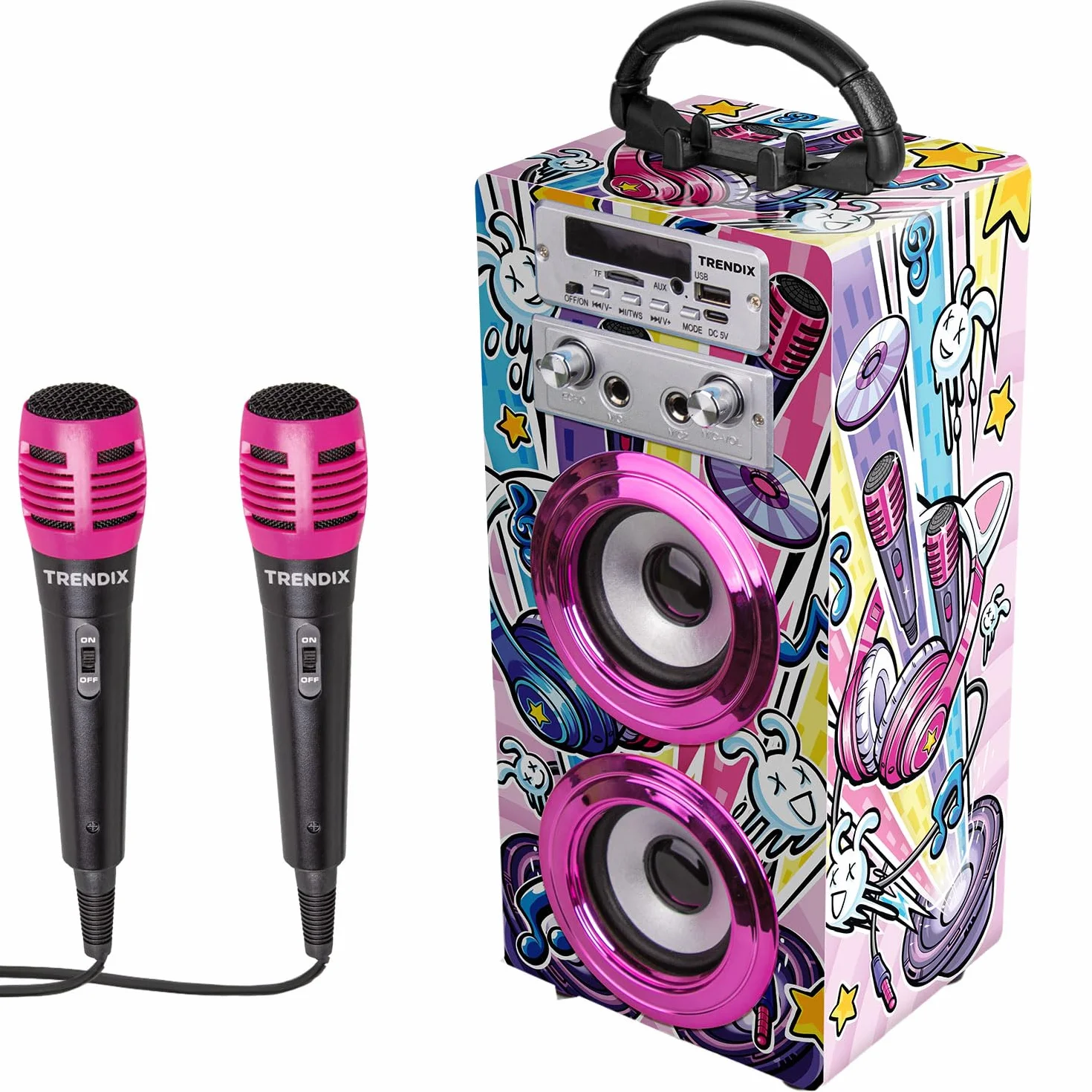 Trendix - Karaoke Maschine Kinder Party Edition | Rosa Karaoke Anlage Mit 2 Mikrofonen, Radio Fm, USB, Bluetooth Und Sd | Musikbox Kinder | Musikbox Mit Mikrofon | Geschenk