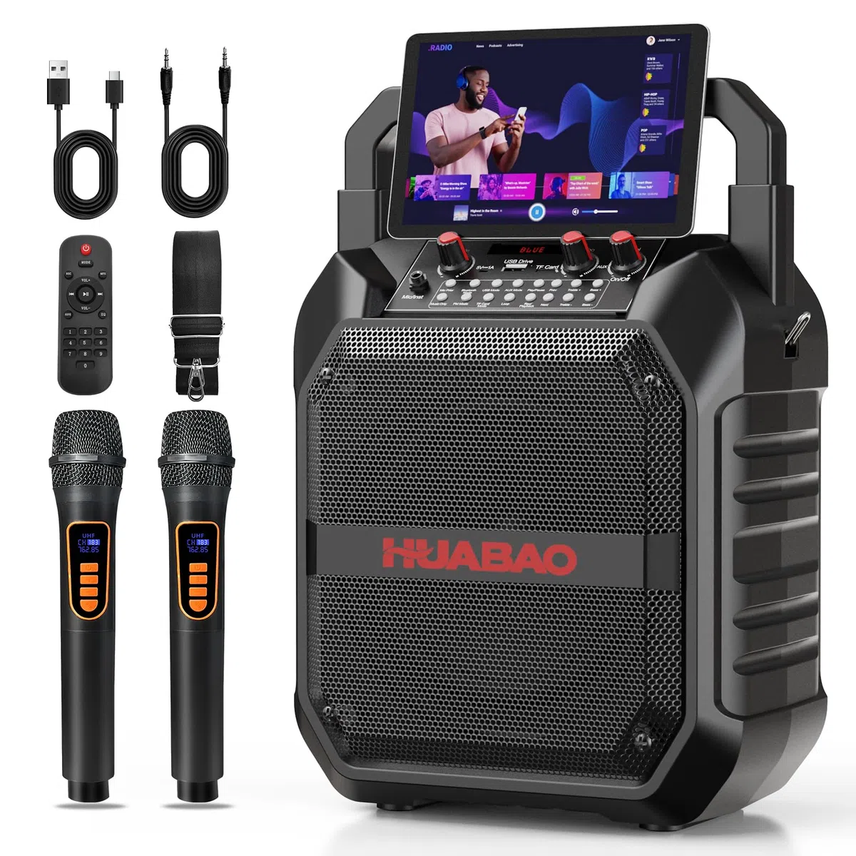 Karaoke-Maschine, tragbarer Bluetooth-Lautsprecher mit drahtlosem Mikrofon für Erwachsene & Kinder, PA-System mit Fernbedienung unterstützt TF-Karte/USB/FM/AUX für Home Party (2 Mics)