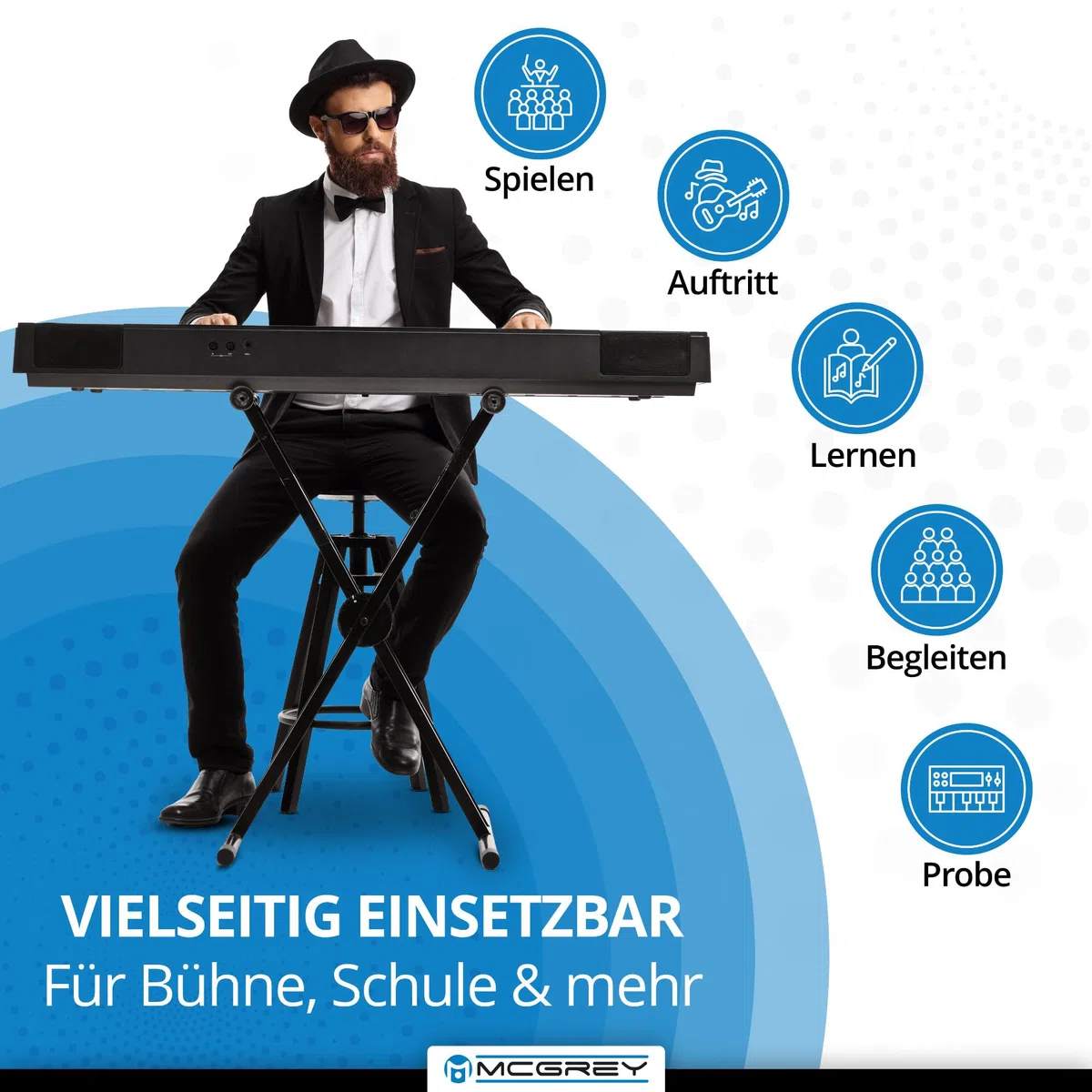McGrey SK-88 Keyboard Super Kit - Einsteiger-Keyboard in Stagepiano-Optik mit 88 Tasten - 146 Klänge - inklusive Sustain-Pedal, Keyboardständer, Hocker und Kopfhörer - schwarz