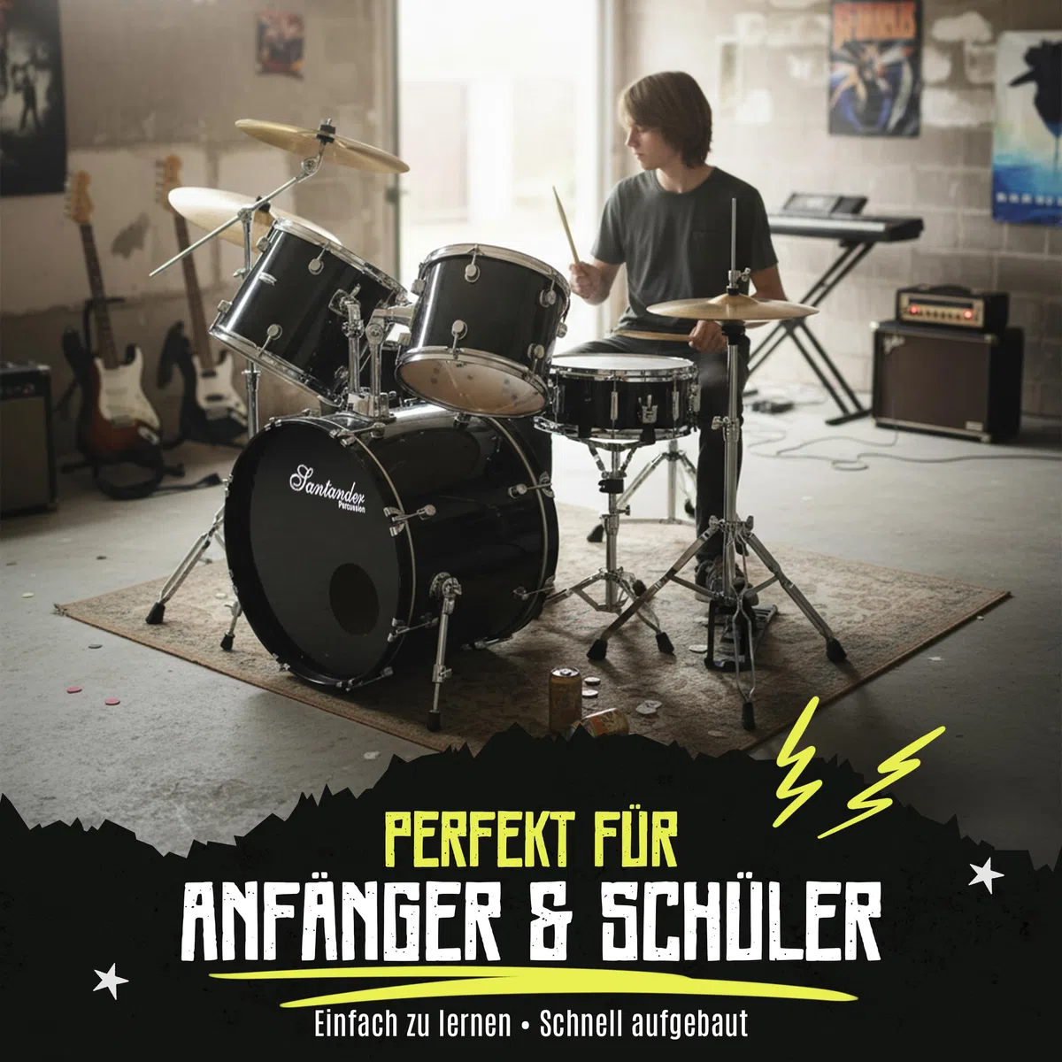 Santander Schlagzeug Set 9-teilig schwarz – Musik-Lern-Instrumentenset für Anfänger, Jugendliche & Schüler – mit Becken, Ständer, Hocker, Snaredrum, Bassdrum, Toms - in Hochglanz schwarz