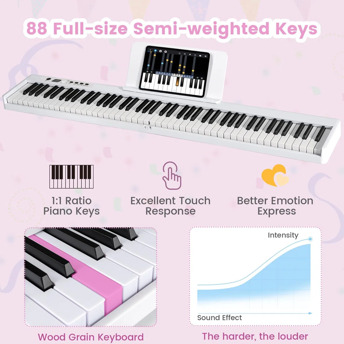 KOMFOTTEU Digitales Piano 88 Tastatur, Elektroklavier Faltbar, elektronisches Klavier, Digitale Keyboard tragbar mit Sustain-Pedal, 20 Demos/ 128 Rhythmen Digitalpiano Set (Weiß)