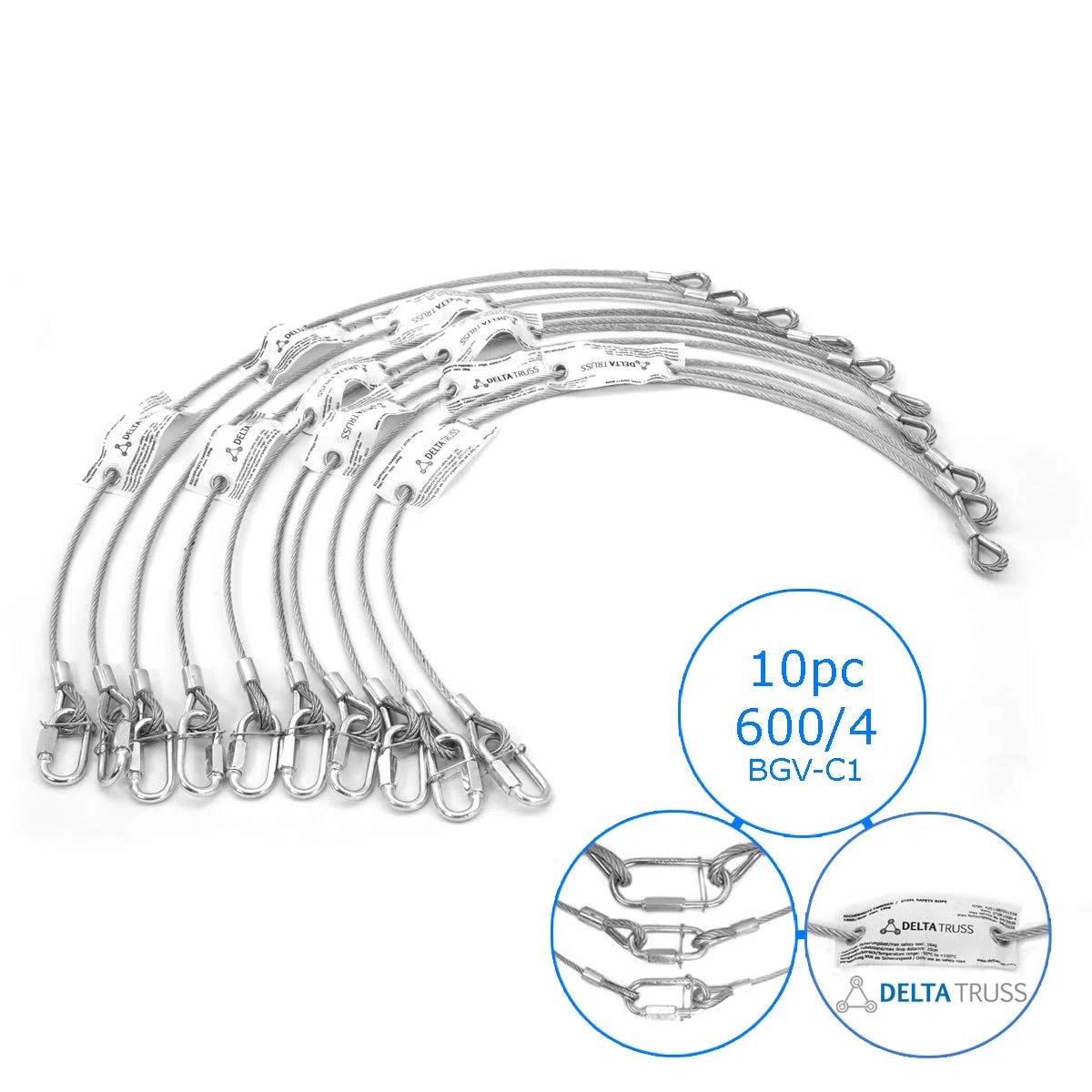 10x Sicherheitsfangseil 600x4mm 10er Set Safety nach DGUV 115-002 17 (ehemals BGV-C1) bis 10kg Sicherungsseil Fangseil
