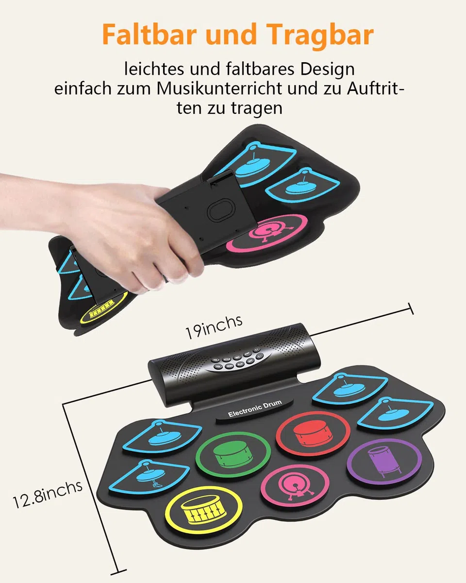 Schlagzeug Elektronisch, 9 Pads Faltbares Elektronisches Schlagzeug mit Drumsticks, Tragrbares Elektrische Drum Set mit Bluetooth für Kinder, Anfänger Geburtstag und Geschenk