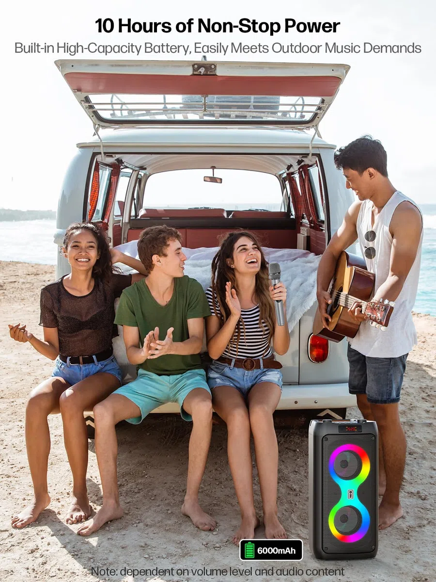 Karaoke-Maschine, Tragbarer Bluetooth-Lautsprecher mit 2 drahtlosen Mikrofonen für Erwachsene, PA-System mit Disco-Lichtern für große Party, Outdoor, unterstützt USB/TF/Rec/AUX
