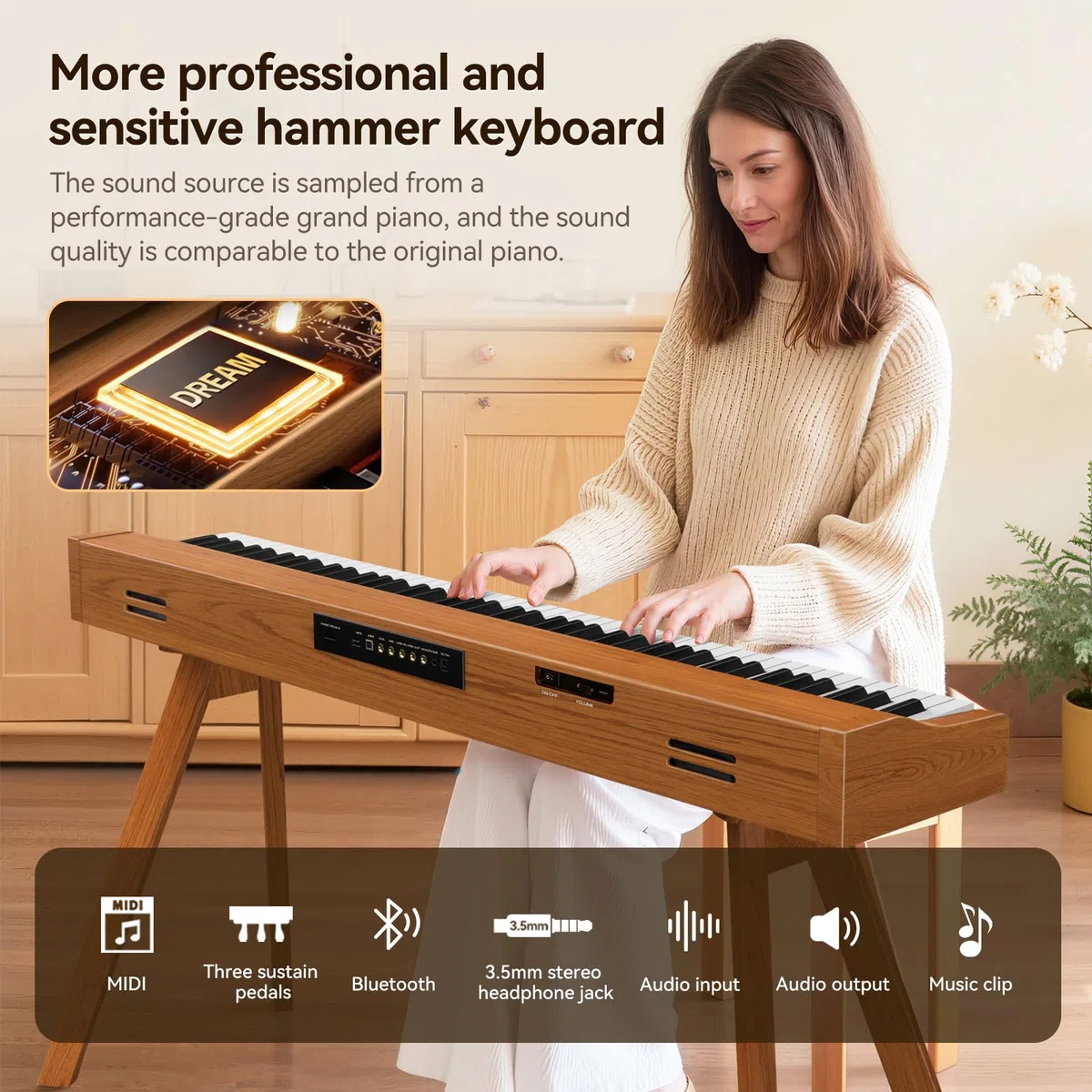 TERENCE P37 E Piano 88 Tasten Hammermechanik Klavier Professionelles Digitalpiano 88-Tasten-Hammerpiano 20W Lautsprecher mit drei Pedalen und Ständer USB-MIDI- und Kopfhöreranschluss Geeignet
