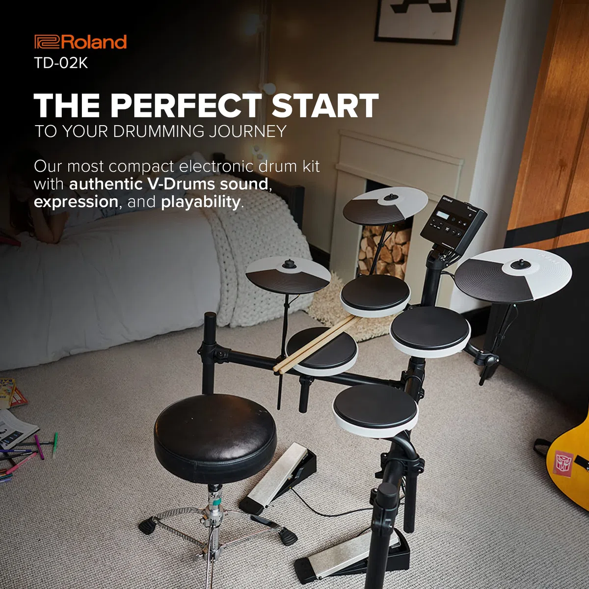 Roland TD-02K V-Drums | Kompaktes elektronisches Drumkit für Einsteiger mit dynamischer Spielbarkeit, geräuschreduzierenden Features, in der Höhe verstellbarem Stativ | Integrierte Coach-Funktion