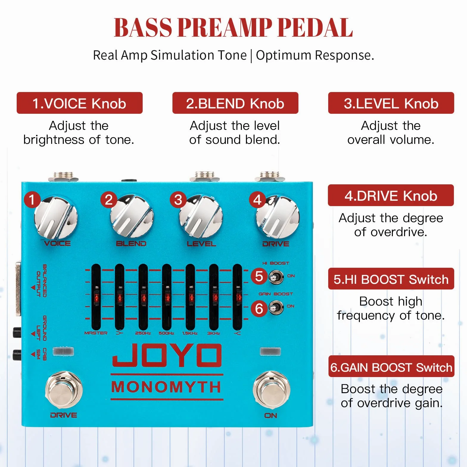JOYO Bass Overdrive Amp Simulator Pedal mit EQ und Rauschunterdrückung für Bass (Monomyth R-26)