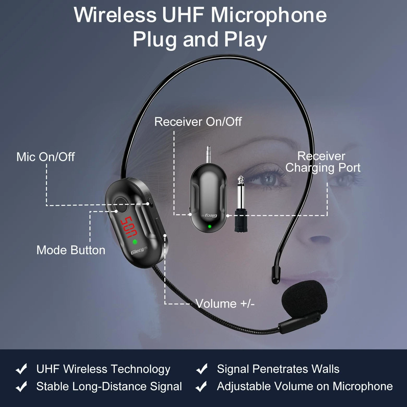 Sprachverstärker mit kabellos UHF Headset-Mikrofon, 2600mAh Akku, Lange Betriebszeit, freihändig für Lehrer, Führungen, Outdoor-Aktivitäten