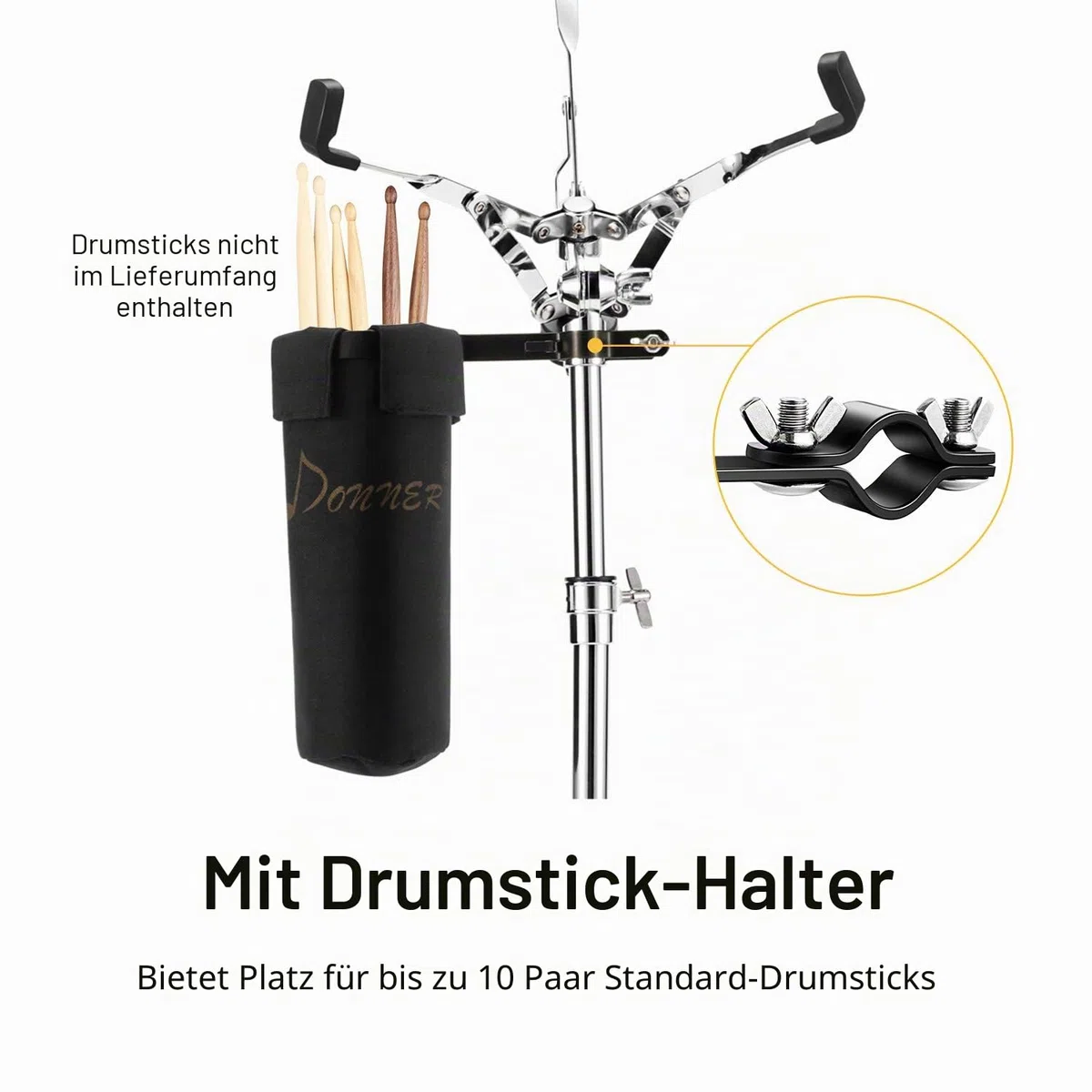 Donner Snare Ständer Höhenverstellbar 46-65cm doppelstrebig Snare Drum Stand mit Drumstick Tasche