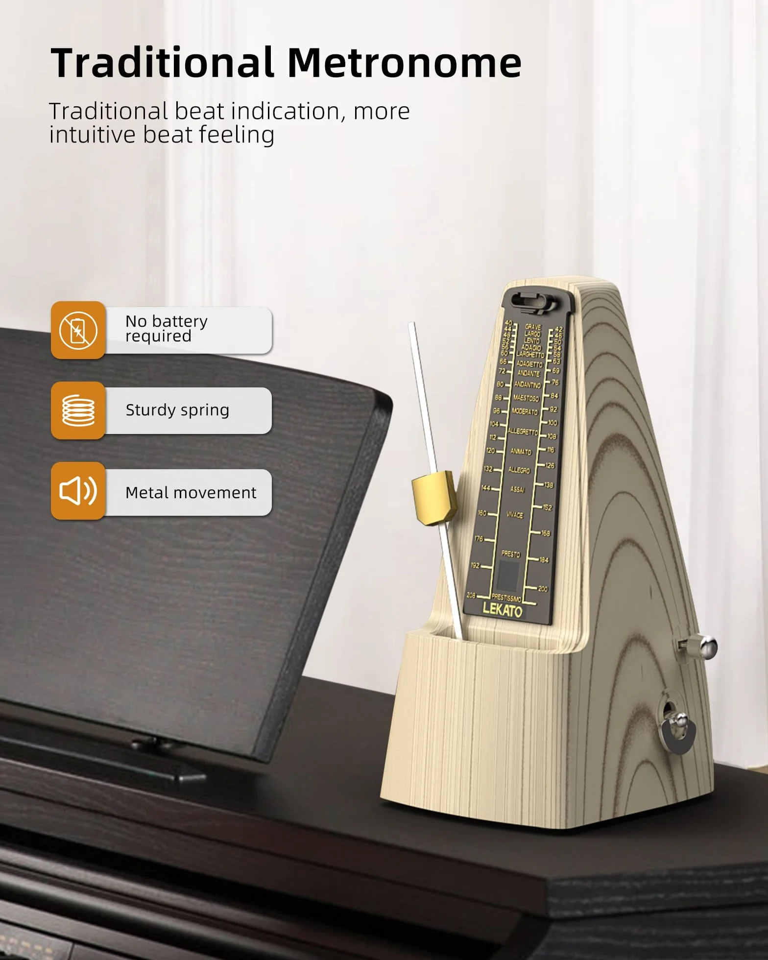 LEKATO Mechanisches Metronom | Verbesserte Version mit metallenes Getriebe | Universales Metronom mit betonter Glocke für Klavier Gitarre Ukulele Violine und Chromatik - lauter Klang, hohe Genauigkeit