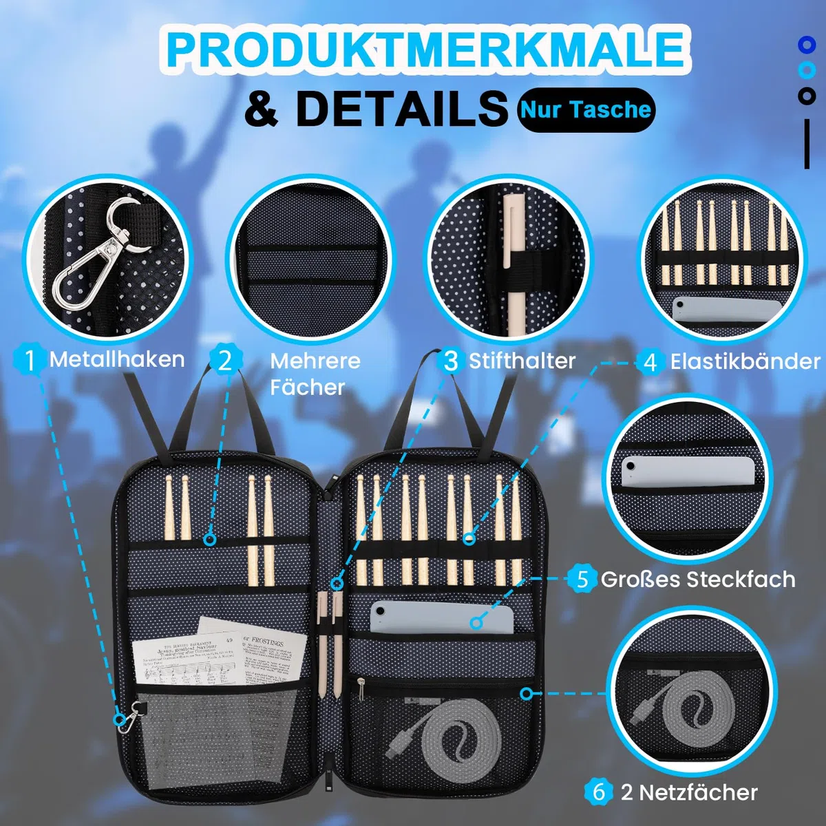Drumsticktasche mit Aufhängehaken, Drumstick-Bag mit verstellbarem Schultergurt, Schlägelhalter für Drumsticks, Besen und Notenblätter, für Drummer und Anfänger bei Gig, Übung und Probe, nur Tasche