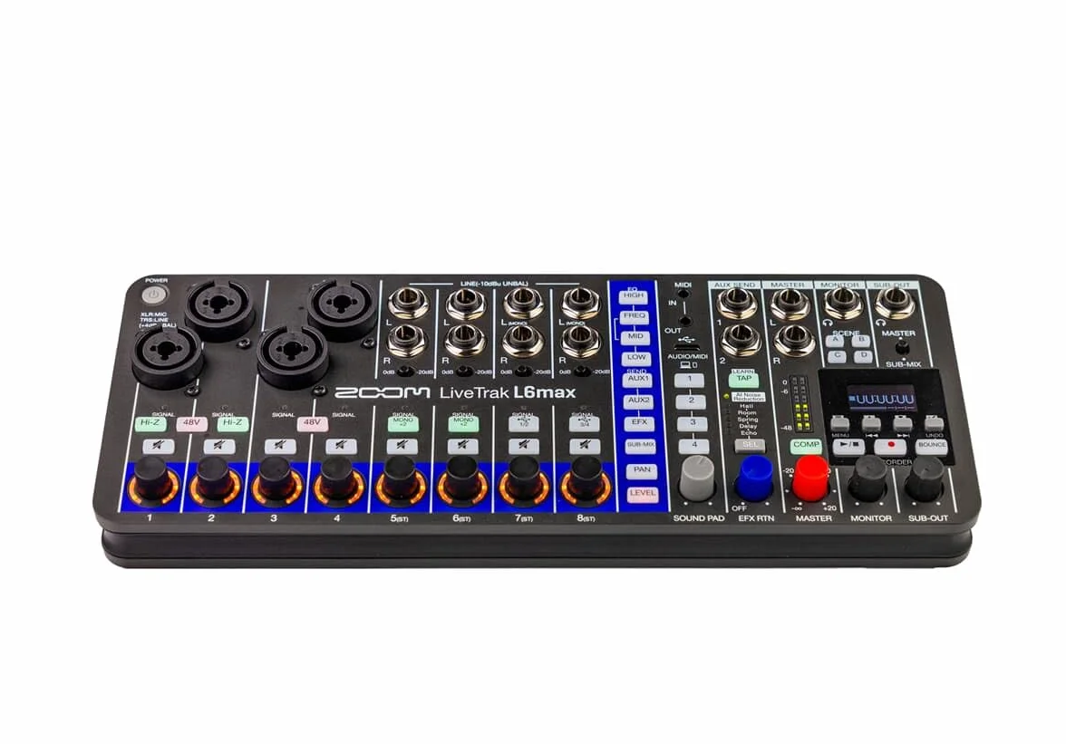 ZOOM LiveTrak L-6max tragbarer 12-Spur-Digitalmixer, Mehrspur-Recorder und Audio-Interface für Bands, Live-Streaming & Studio, 32-bit, XLR-TRS, KI Noise Reduction, OLED, Effekte