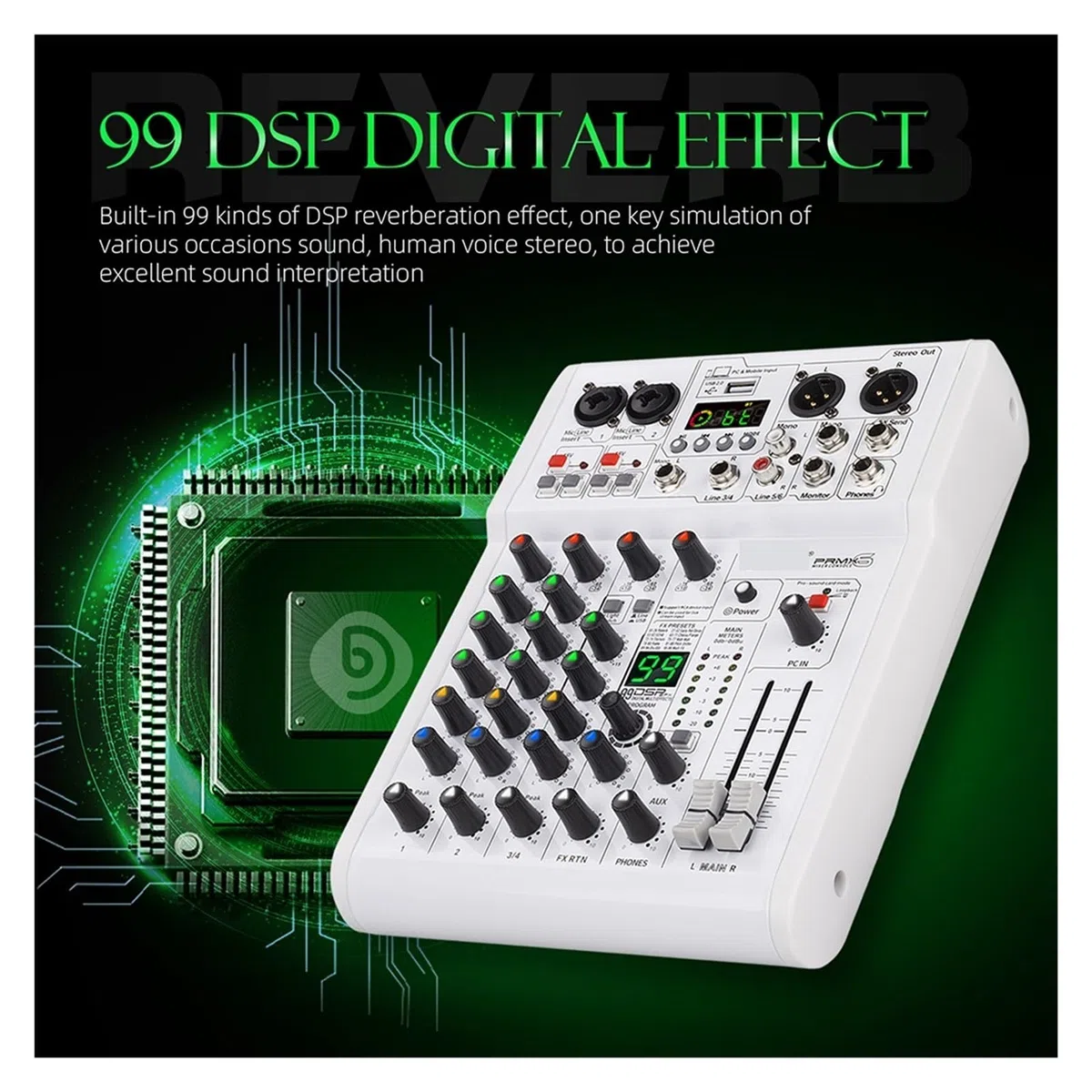 Audiomixer, Mixer DJ-Konsole 99 DSP-Effekte Mischpult PRMX-6 mit 5.0 BT 24bit/192k for die Aufnahme von Musikinstrumenten