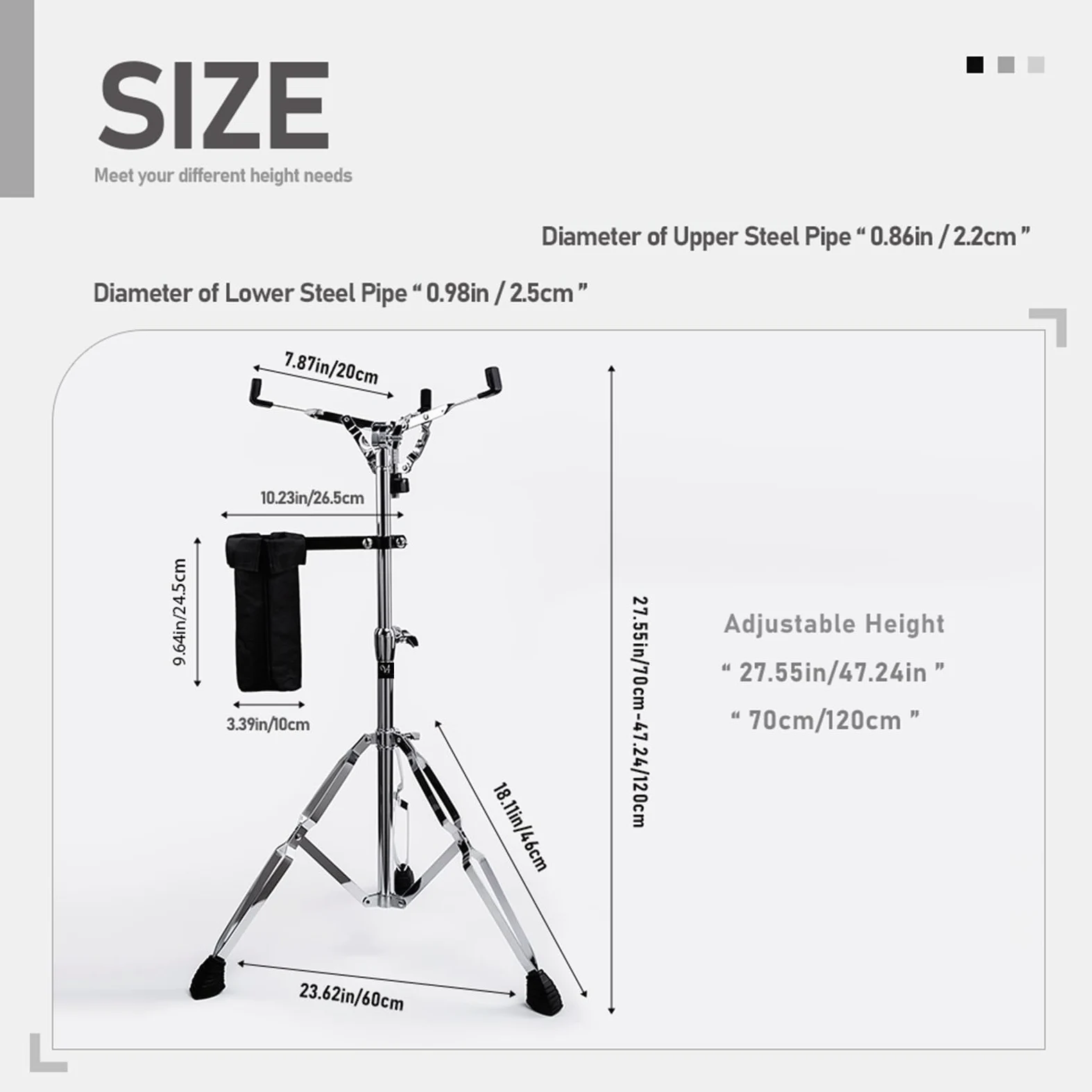 Snare Ständer mit Drum-Stick-Halter, Doppelt Verstrebt, Einstellbare Erweiterte Höhe von 29,5 bis 47 Zoll, Drum-Pad-Ständer für 10-15 Zoll Snare-Drum und Übungspad (V-EJGJ001)