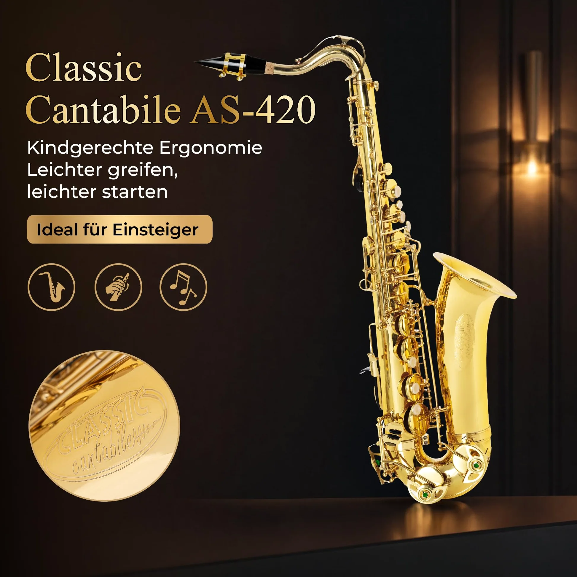 Classic Cantabile Youngstar AS-420 Kinder-Altsaxophon, Eb, Lackiert | Eb-Stimmung, kindgerechte Mechanik, gebogener S-Bogen, Messing, Leichtkoffer mit Rucksackgurten